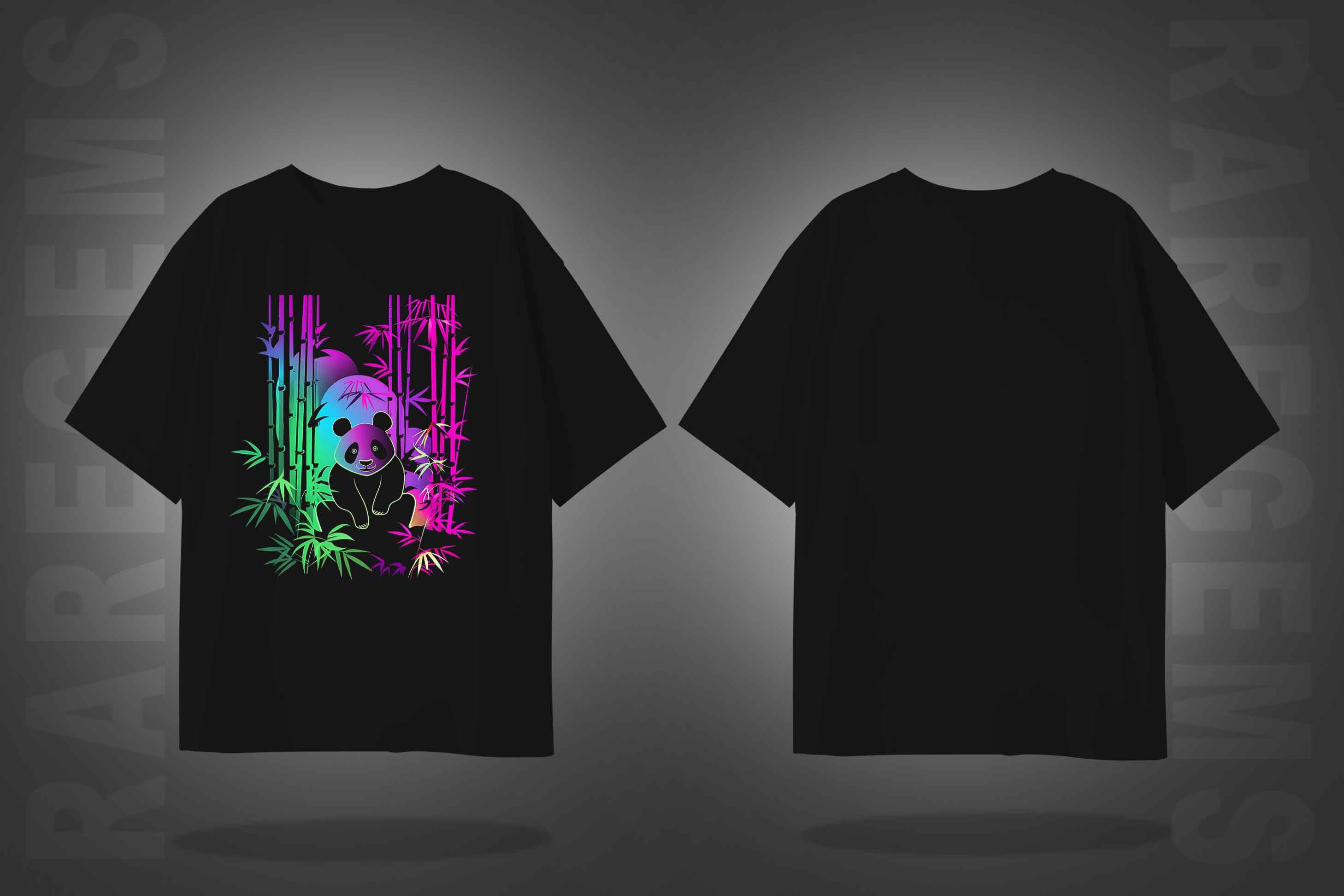 Black Half Sleeve Round Neck Colorful Neon Panda Printed Oversized T-Shirt
