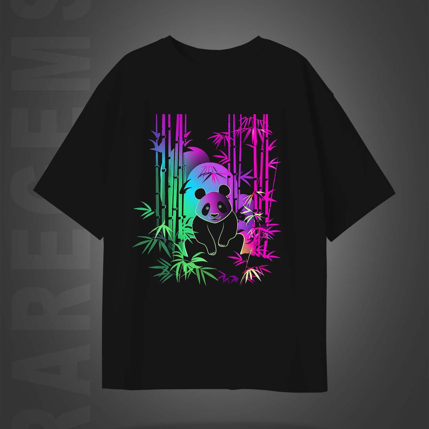 Black Half Sleeve Round Neck Colorful Neon Panda Printed Oversized T-Shirt