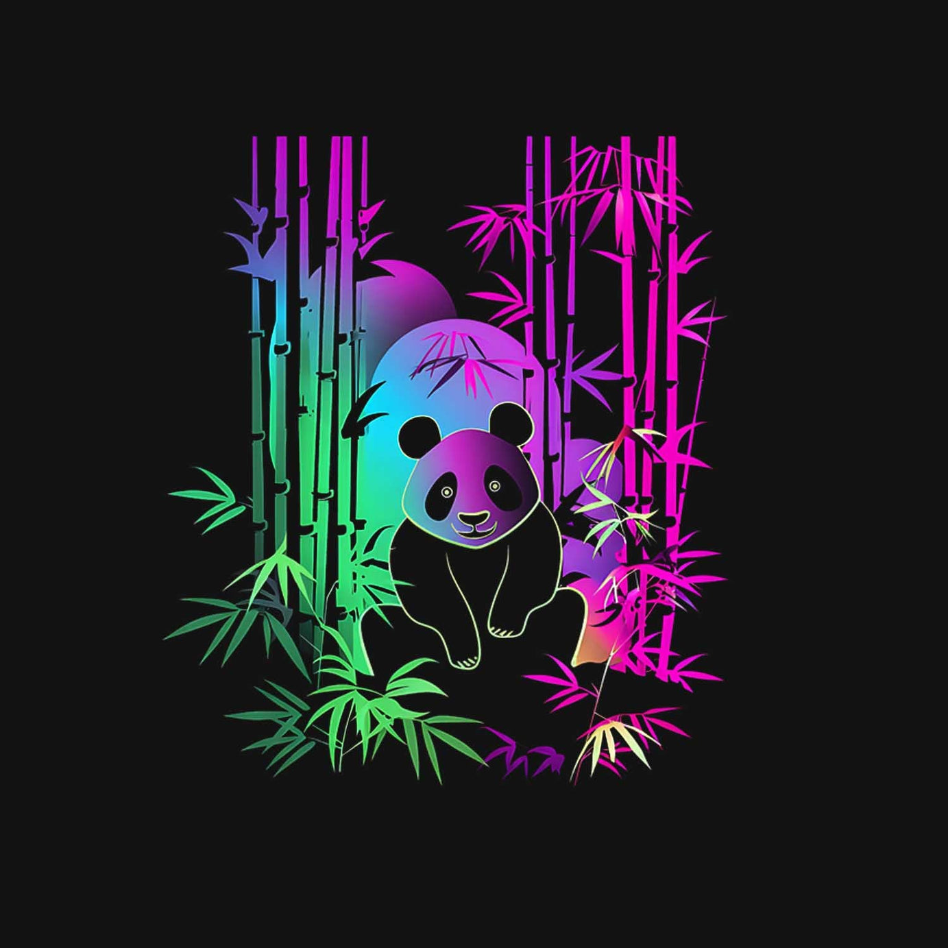 Black Half Sleeve Round Neck Colorful Neon Panda Printed Oversized T-Shirt