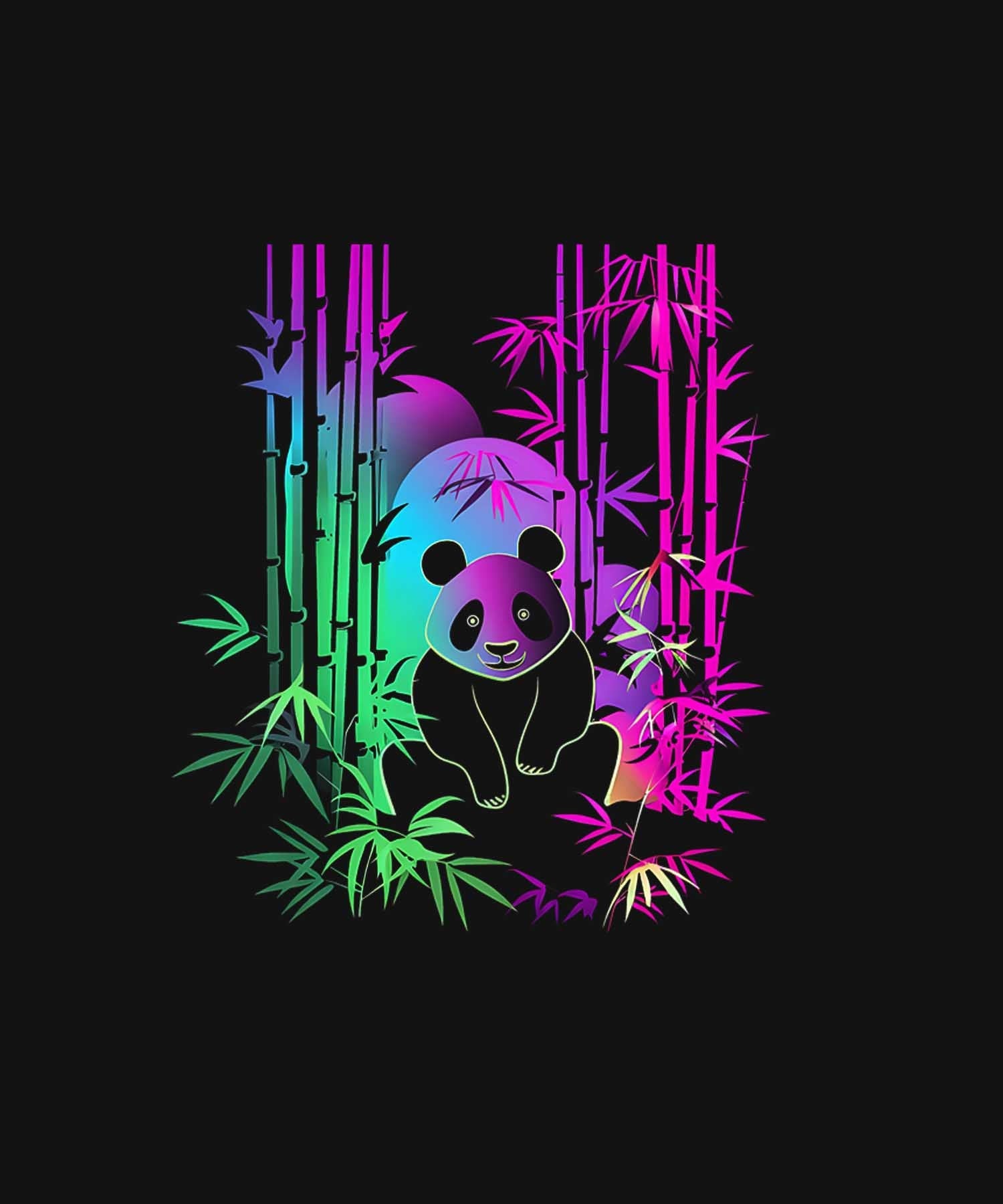 Black Half Sleeve Round Neck Colorful Neon Panda Printed Regular T-Shirt