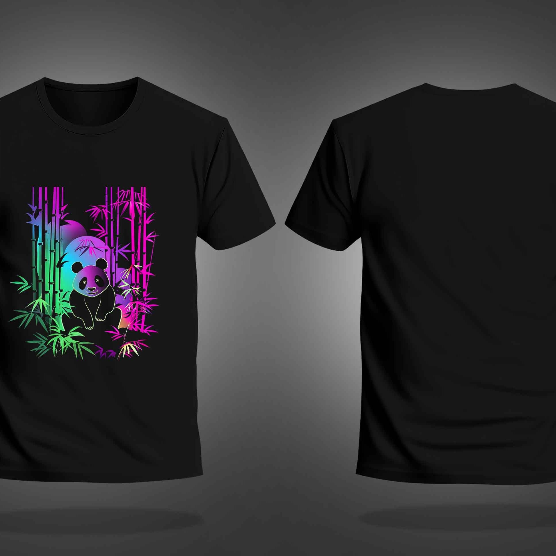 Black Half Sleeve Round Neck Colorful Neon Panda Printed Regular T-Shirt