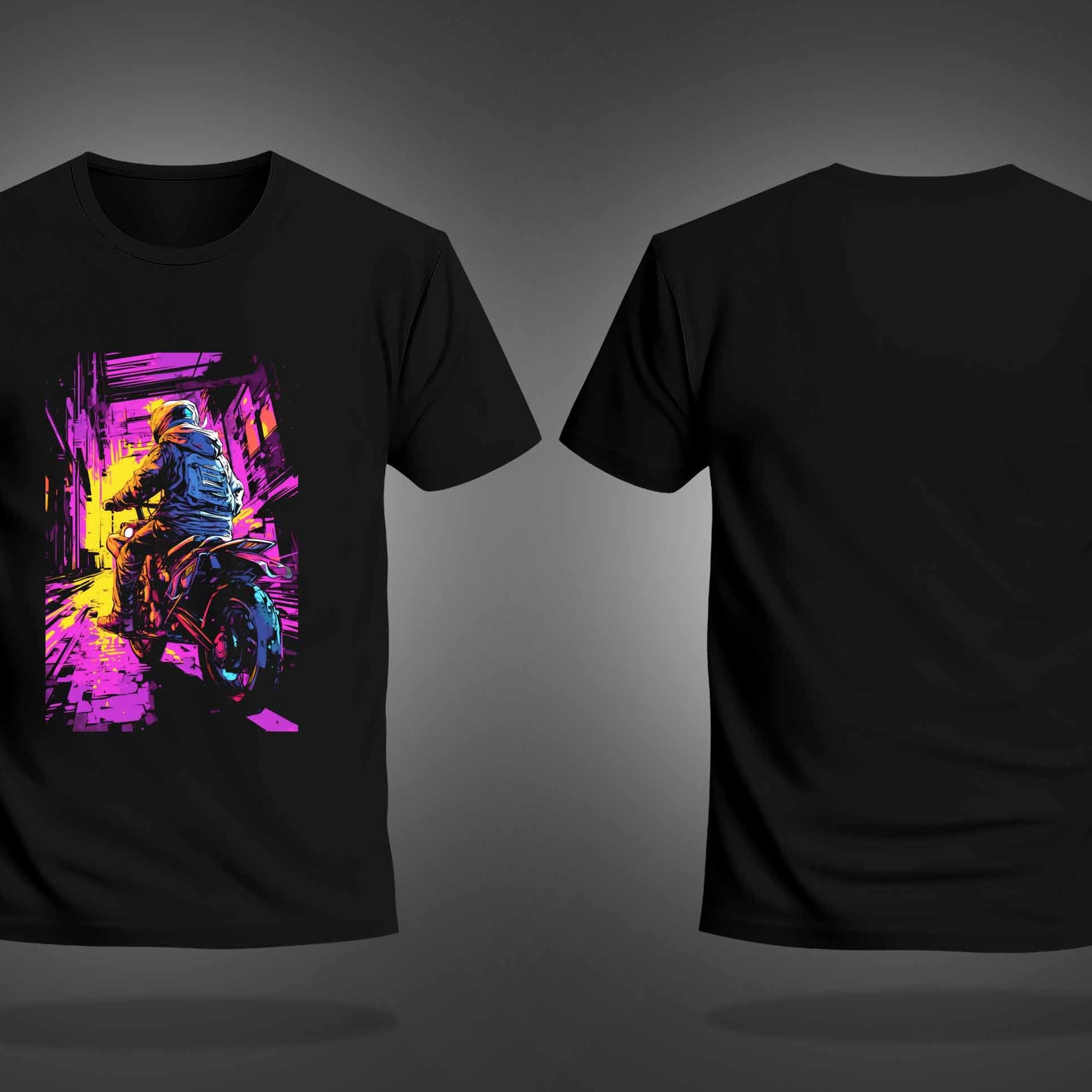 Black Half Sleeve Round Neck Colorful Bike Printed Regular T-Shirt