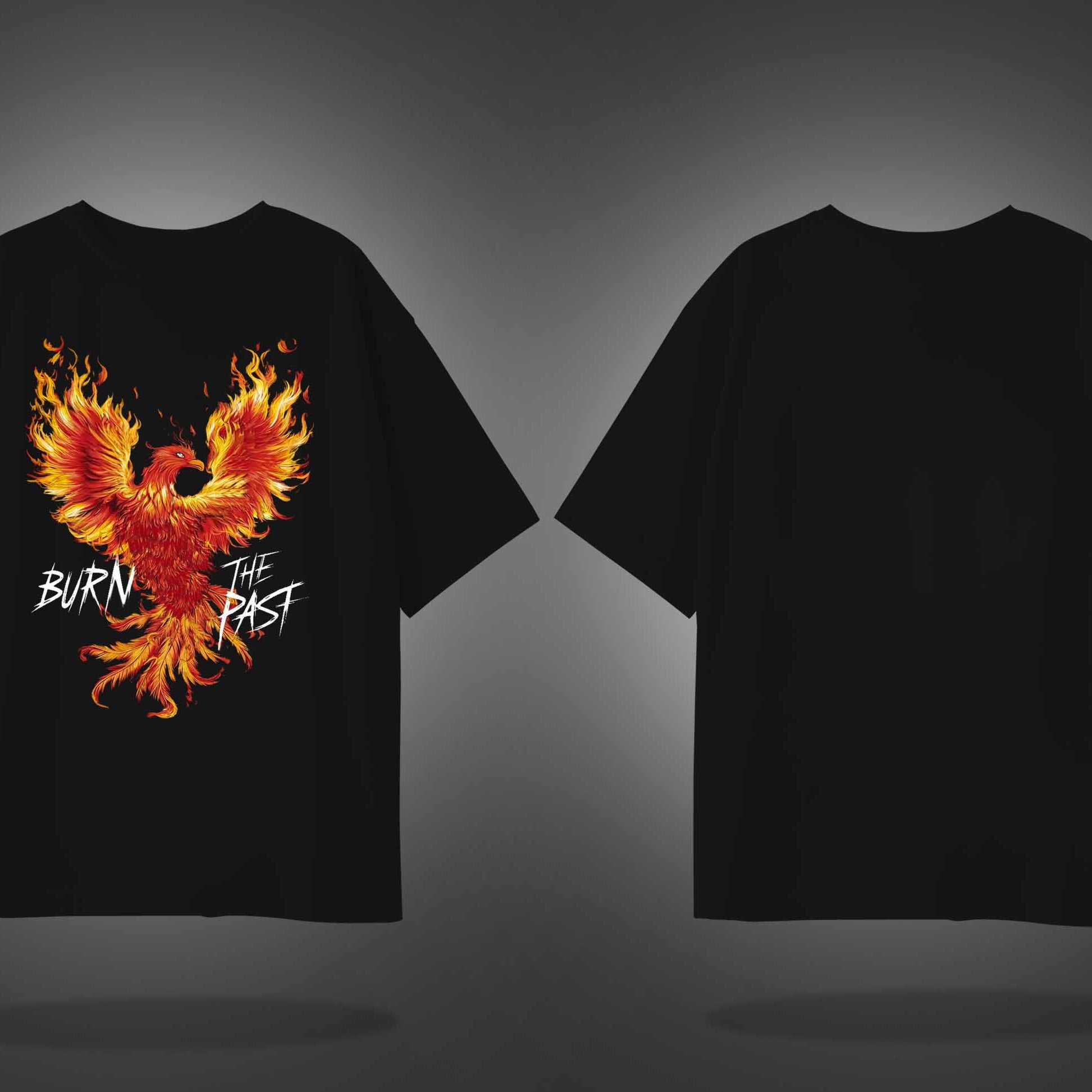 Black Half Sleeve Round Neck Burn The Past Phoenix Printed Oversized T-Shirt