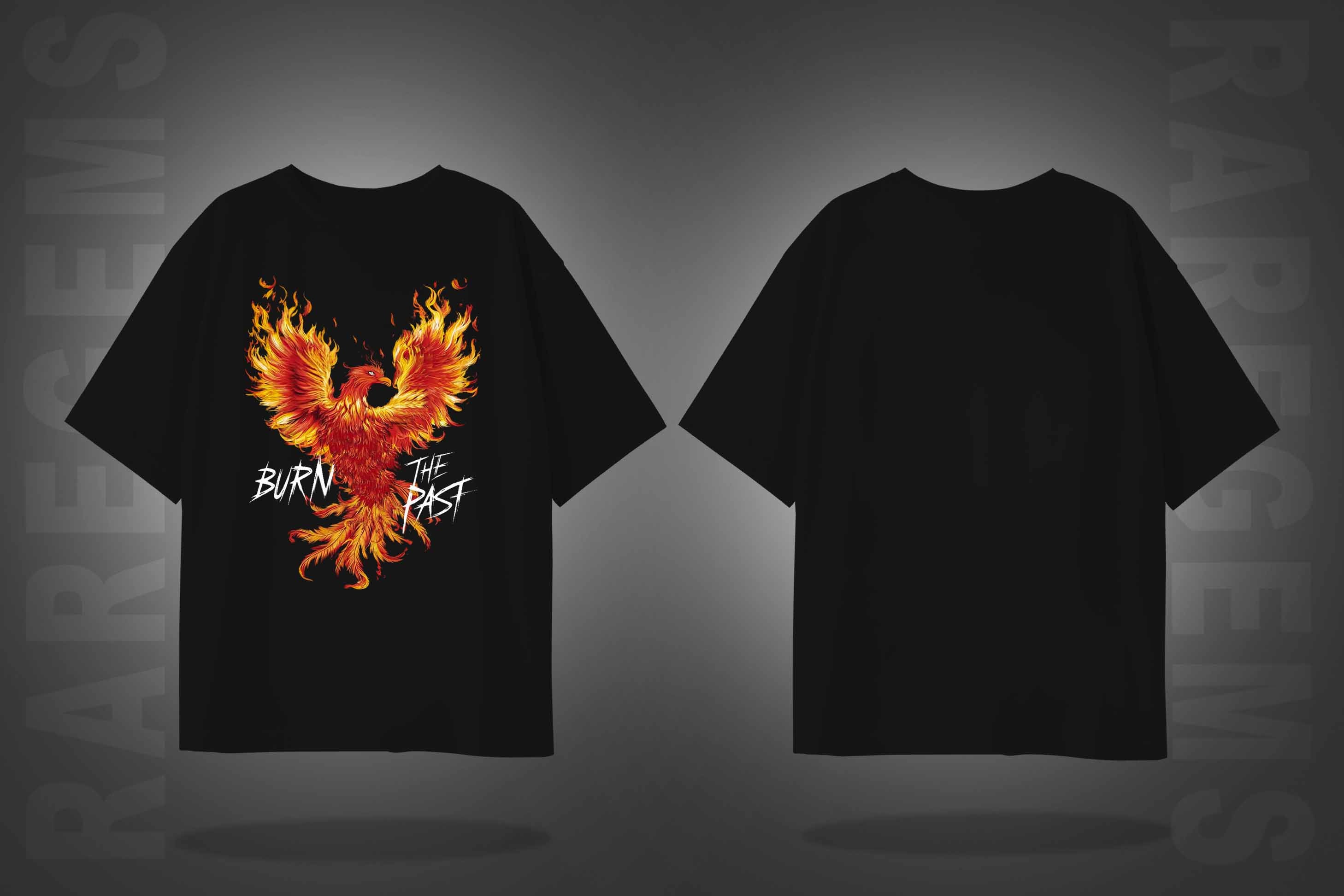 Black Half Sleeve Round Neck Burn The Past Phoenix Printed Oversized T-Shirt