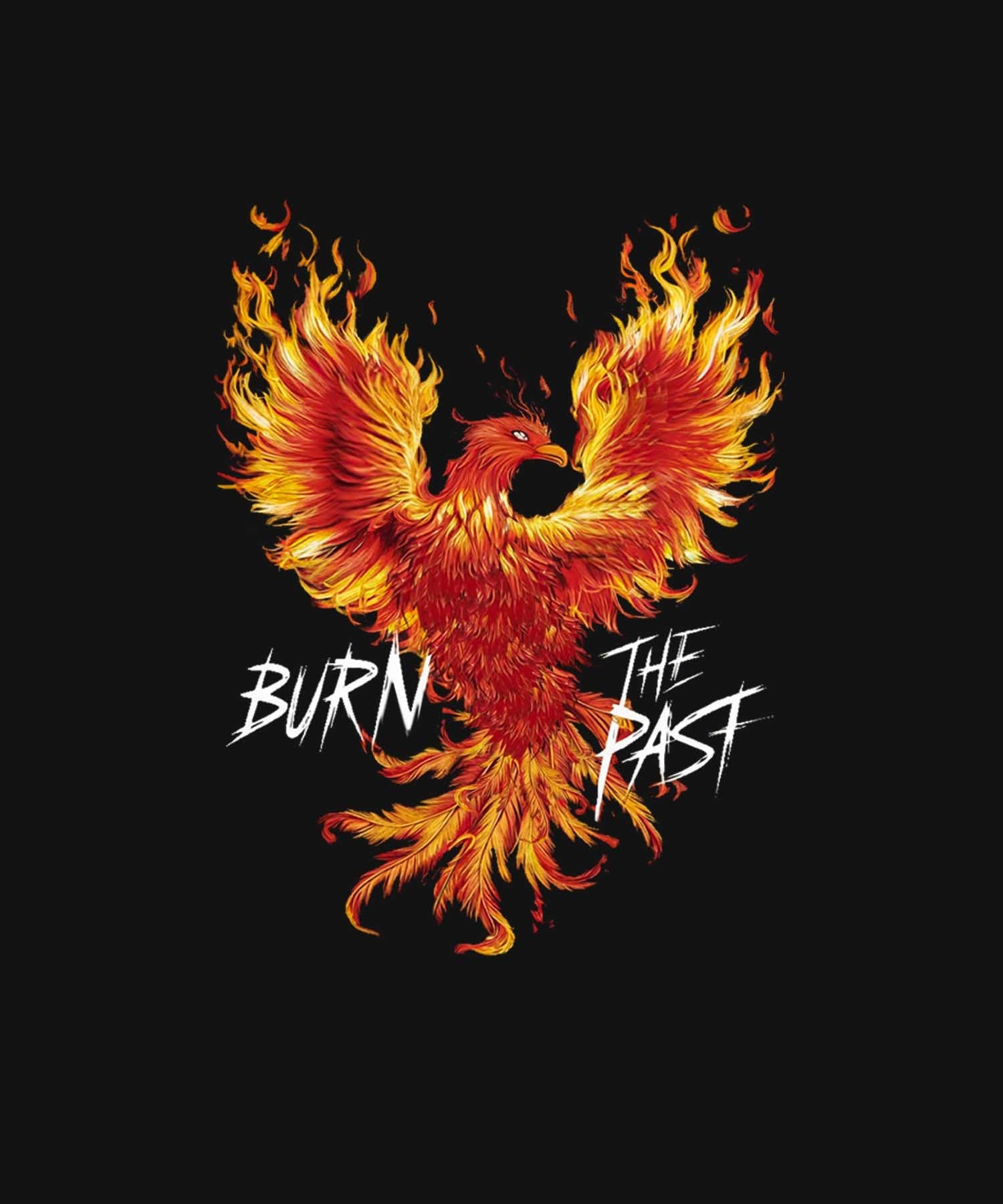 Black Half Sleeve Round Neck Burn The Past Phoenix Printed Oversized T-Shirt