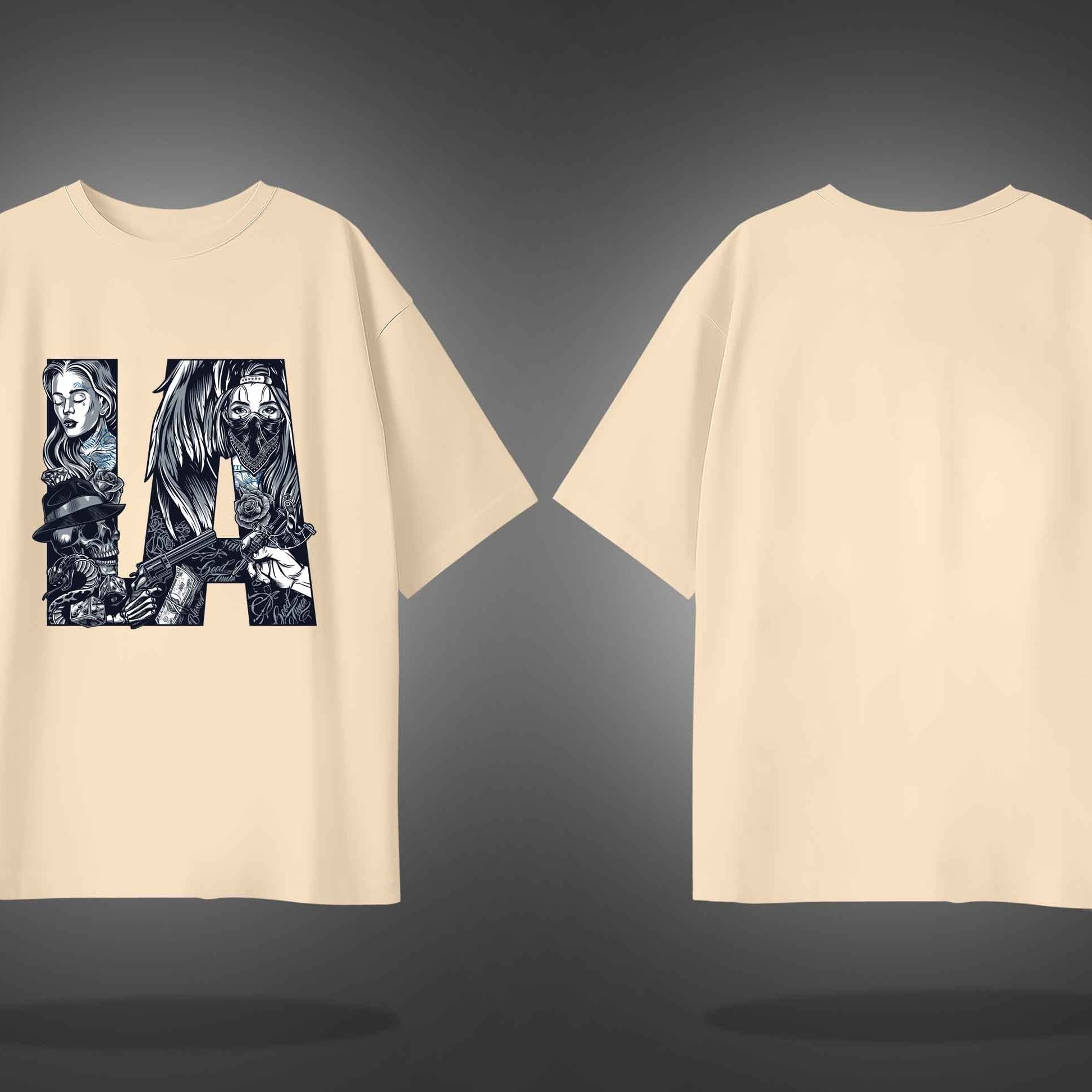 Beige Half Sleeve Round Neck Los Angeles Printed Oversized T-Shirt