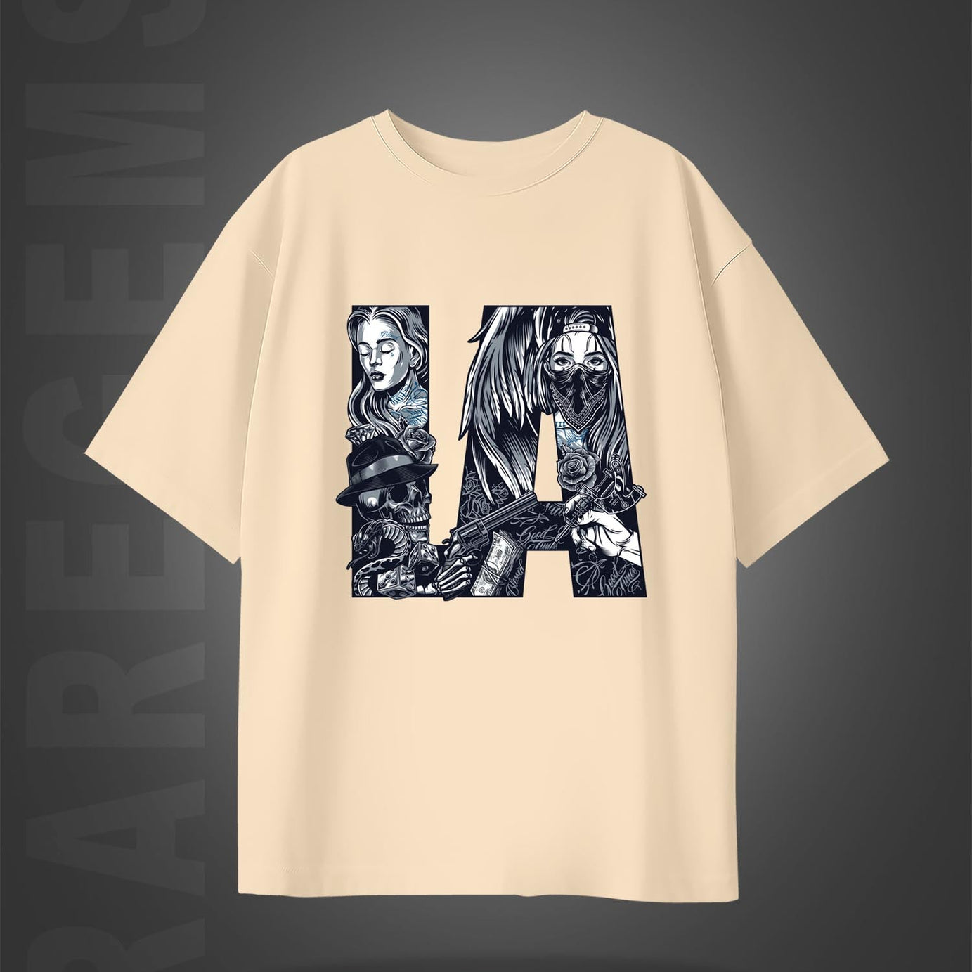 Beige Half Sleeve Round Neck Los Angeles Printed Oversized T-Shirt