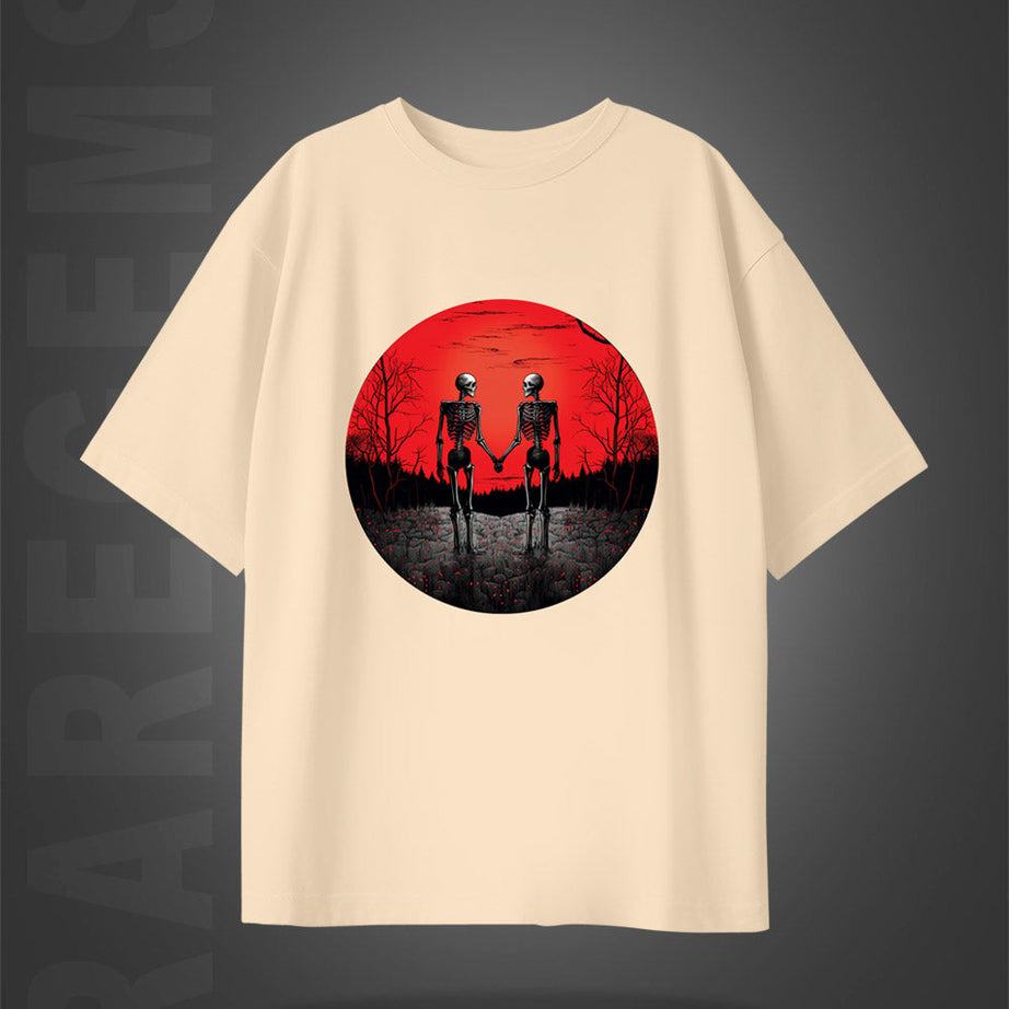 Beige Half Sleeve Round Neck Red Night Skeleton Couple Printed Oversized T-Shirt