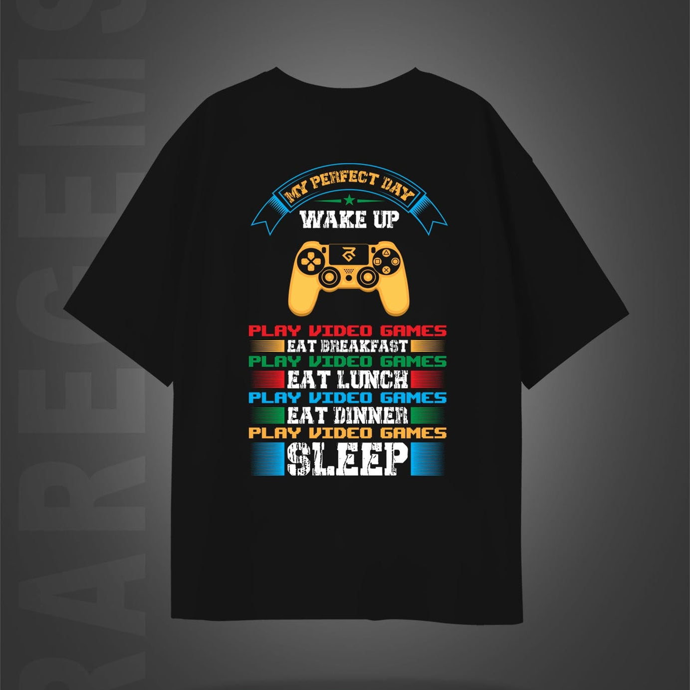 Black Half Sleeve Round Neck Gaming Remote Printed Oversized T-Shirt