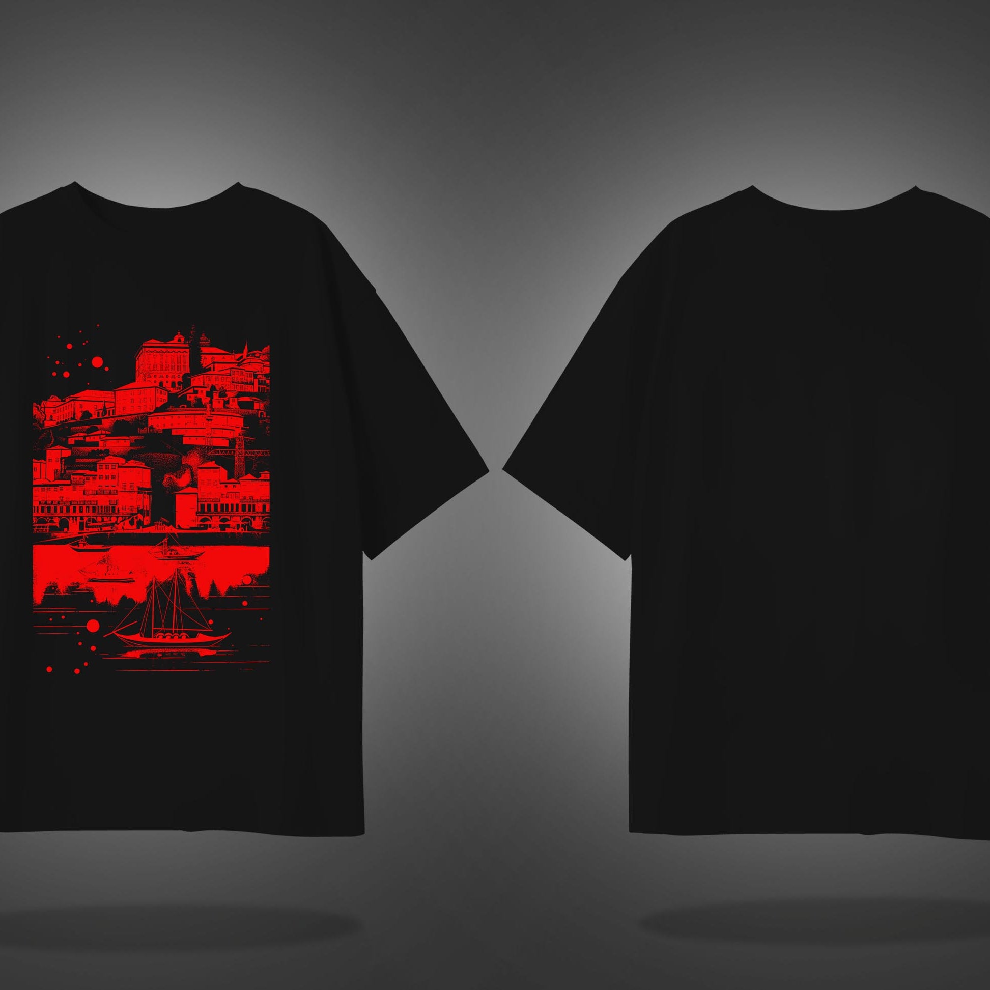 Black Half Sleeve Round Neck Red City By The Sea Printed Oversized T-Shirt