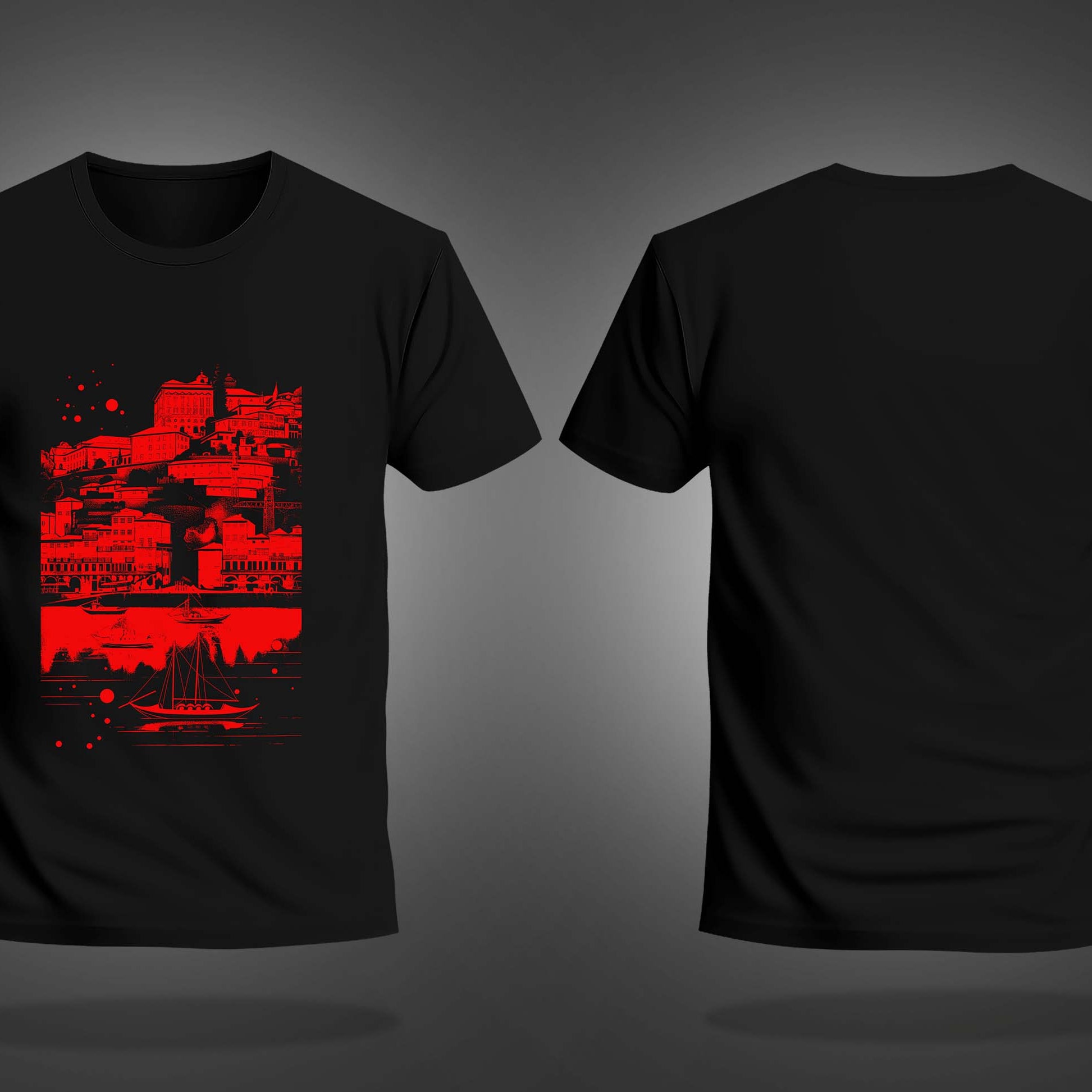 Black Half Sleeve Round Neck Red City By The Sea Printed Regular T-Shirt