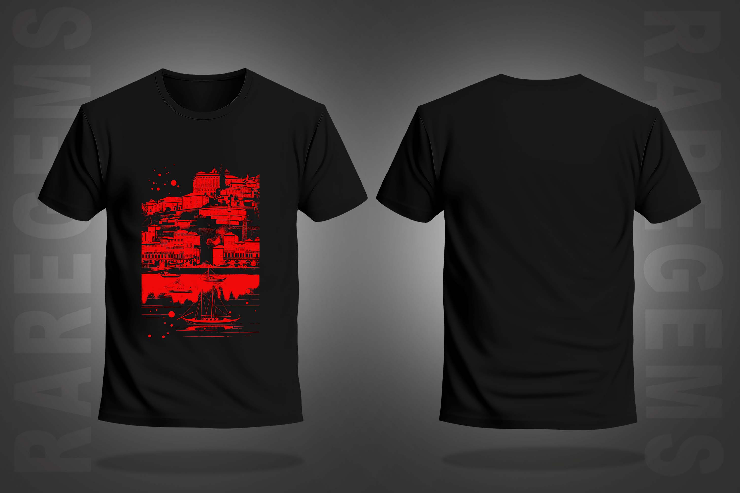 Black Half Sleeve Round Neck Red City By The Sea Printed Regular T-Shirt