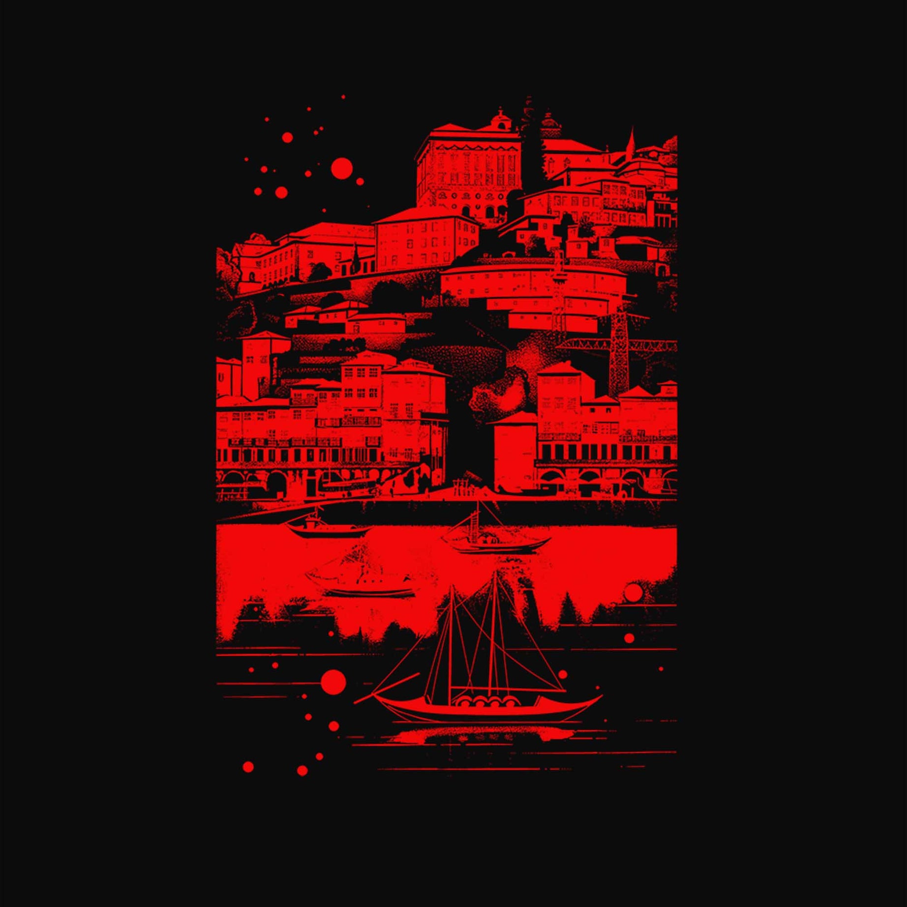 Black Half Sleeve Round Neck Red City By The Sea Printed Regular T-Shirt