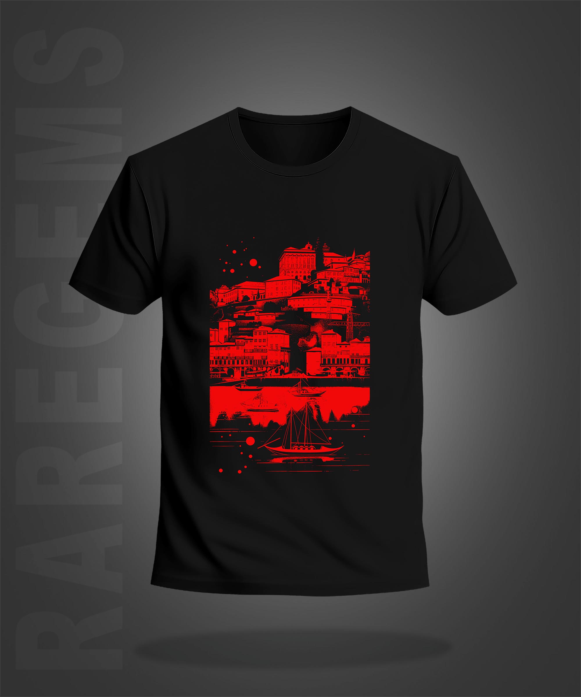 Black Half Sleeve Round Neck Red City By The Sea Printed Regular T-Shirt