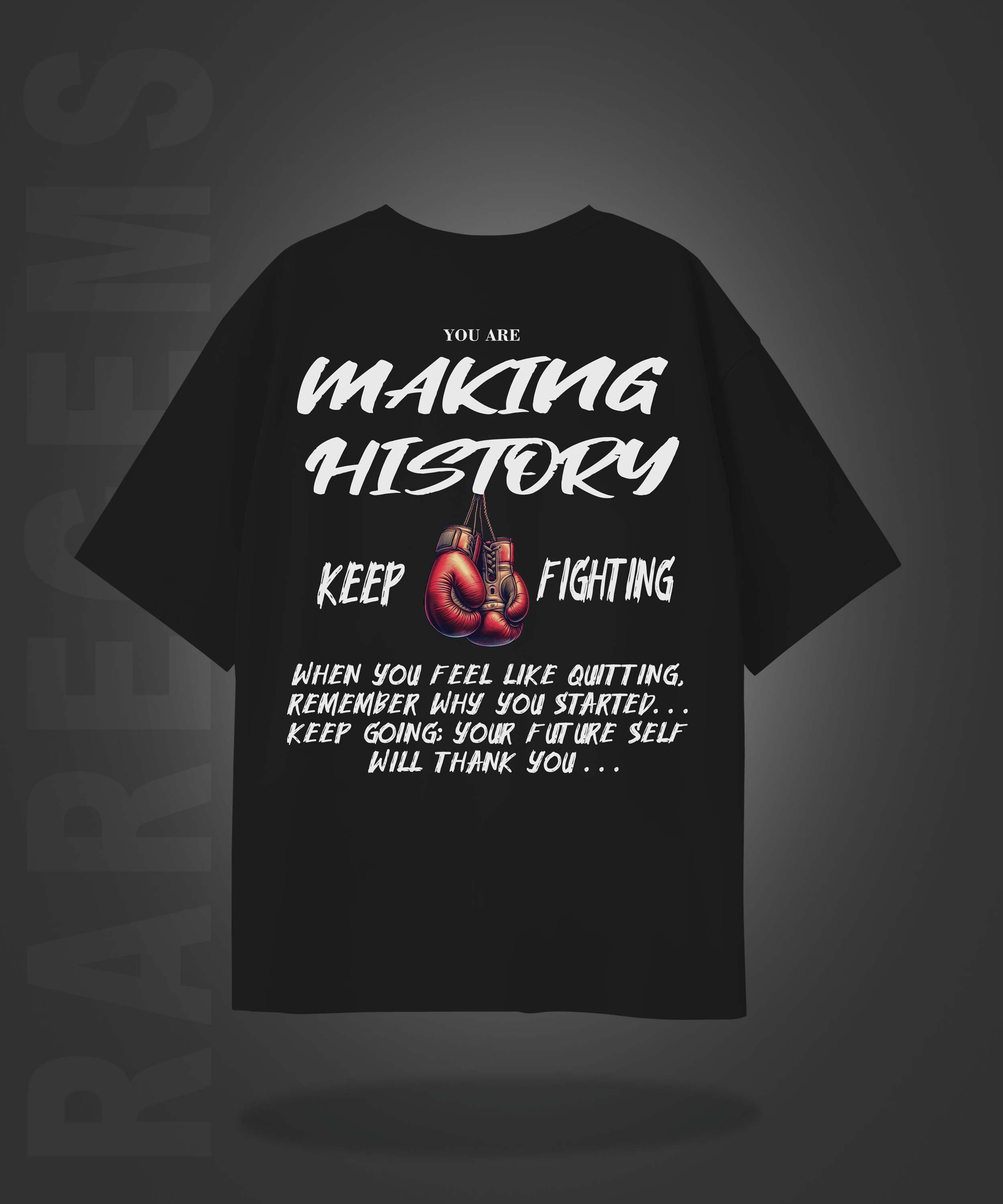 Black Half Sleeve Round Neck Boxing Gloves And Making History Printed Oversized T-Shirt