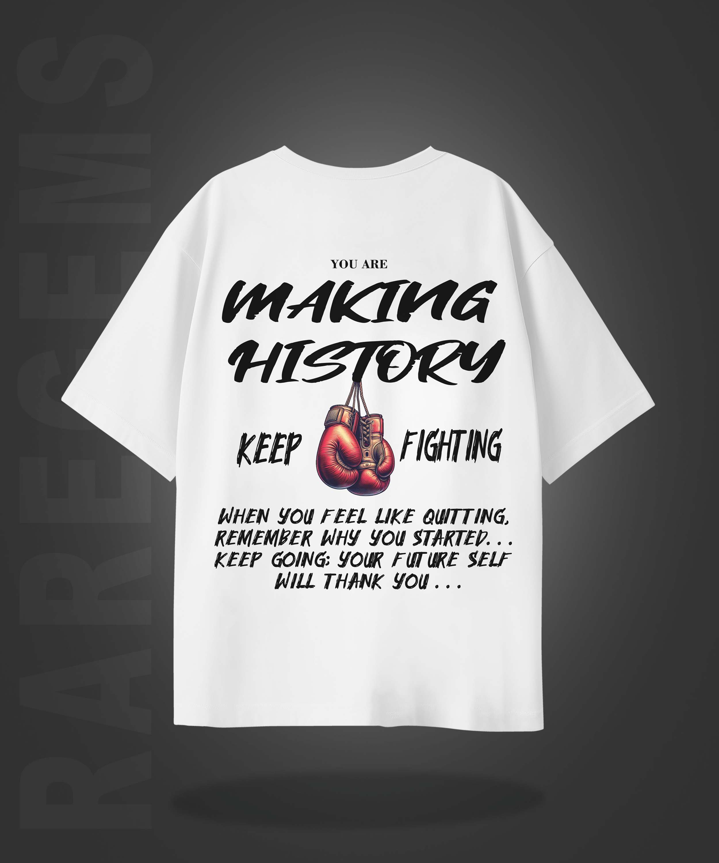 White Half Sleeve Round Neck Boxing Gloves And Making History Printed Oversized T-Shirt