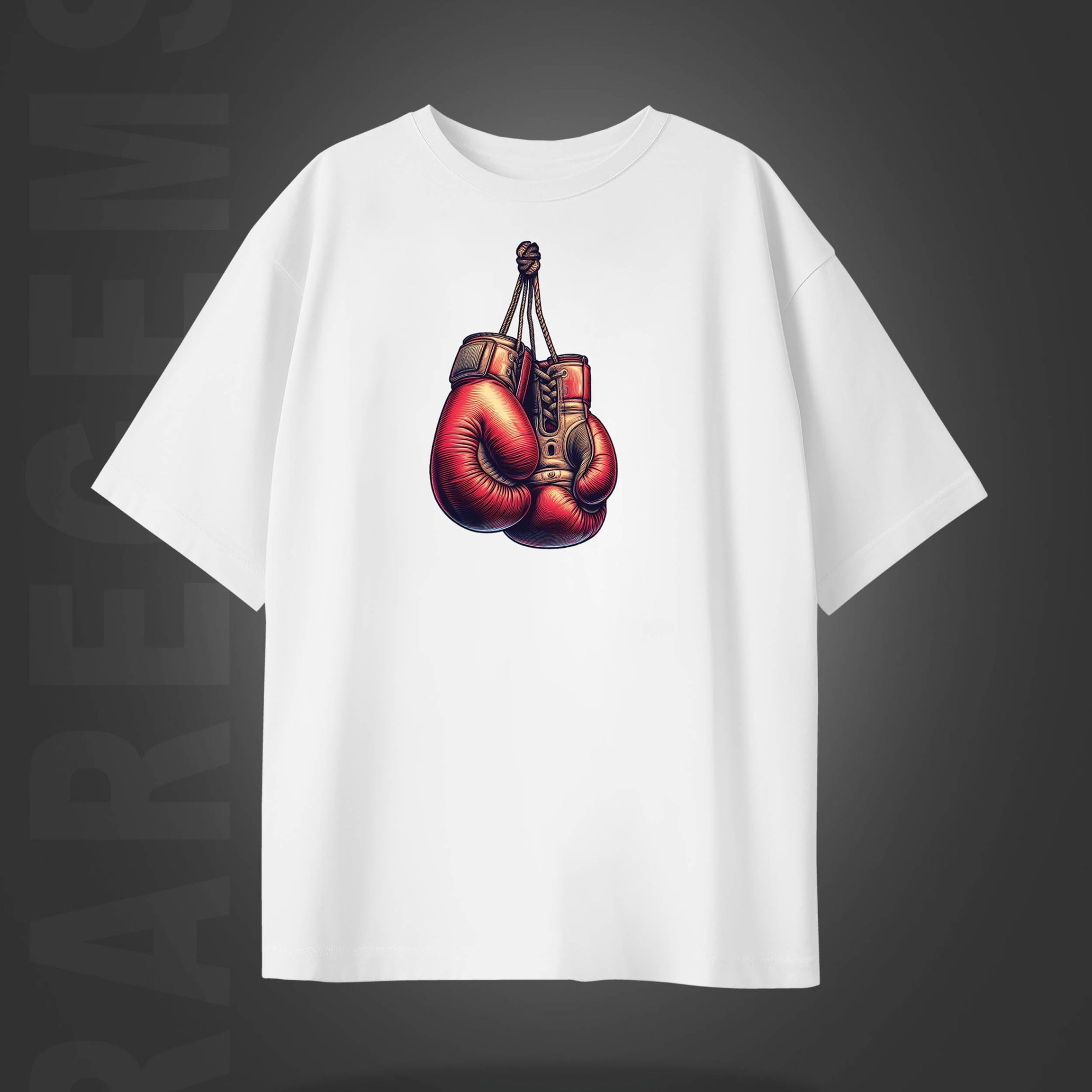White Half Sleeve Round Neck Boxing Gloves And Making History Printed Oversized T-Shirt