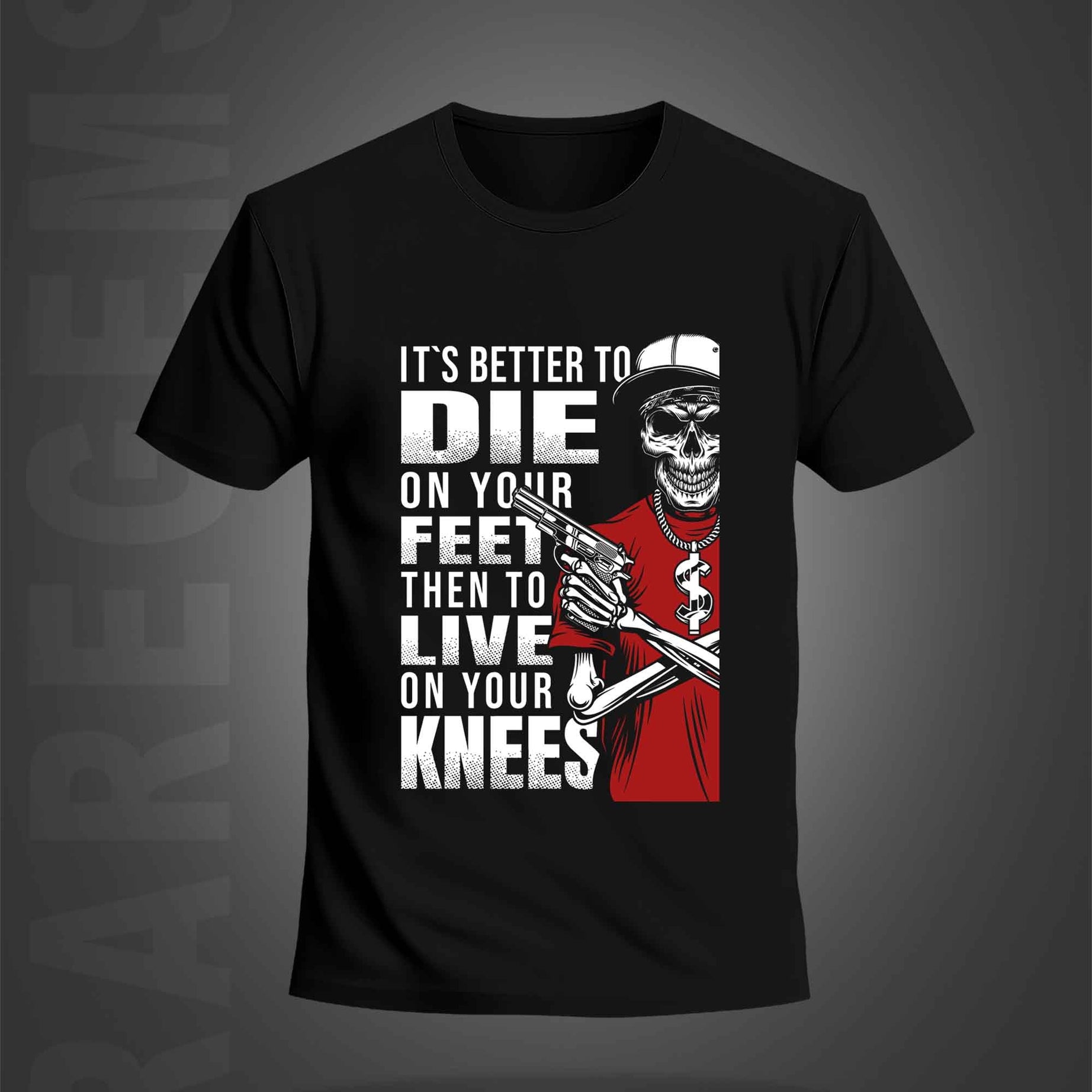 Black Half Sleeve Round Neck Cool Skeleton With Gun Printed Regular T-Shirt