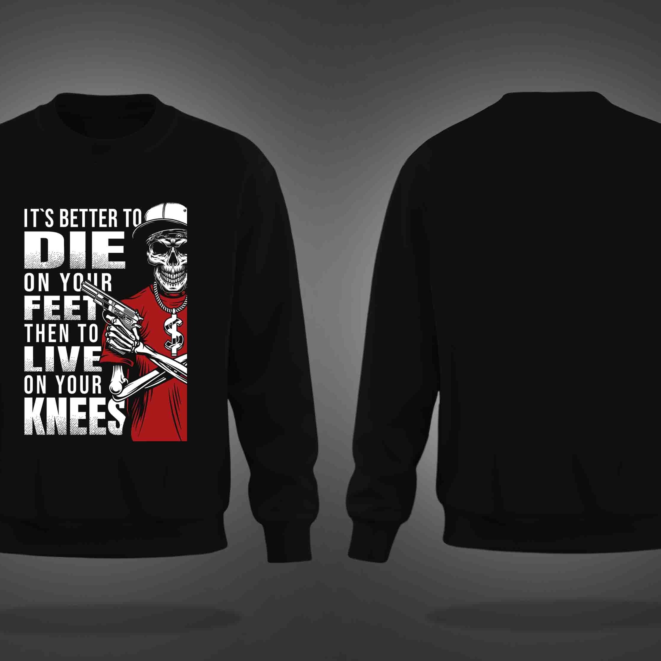 Black Round Neck Cool Skeleton With Gun Printed Sweatshirt
