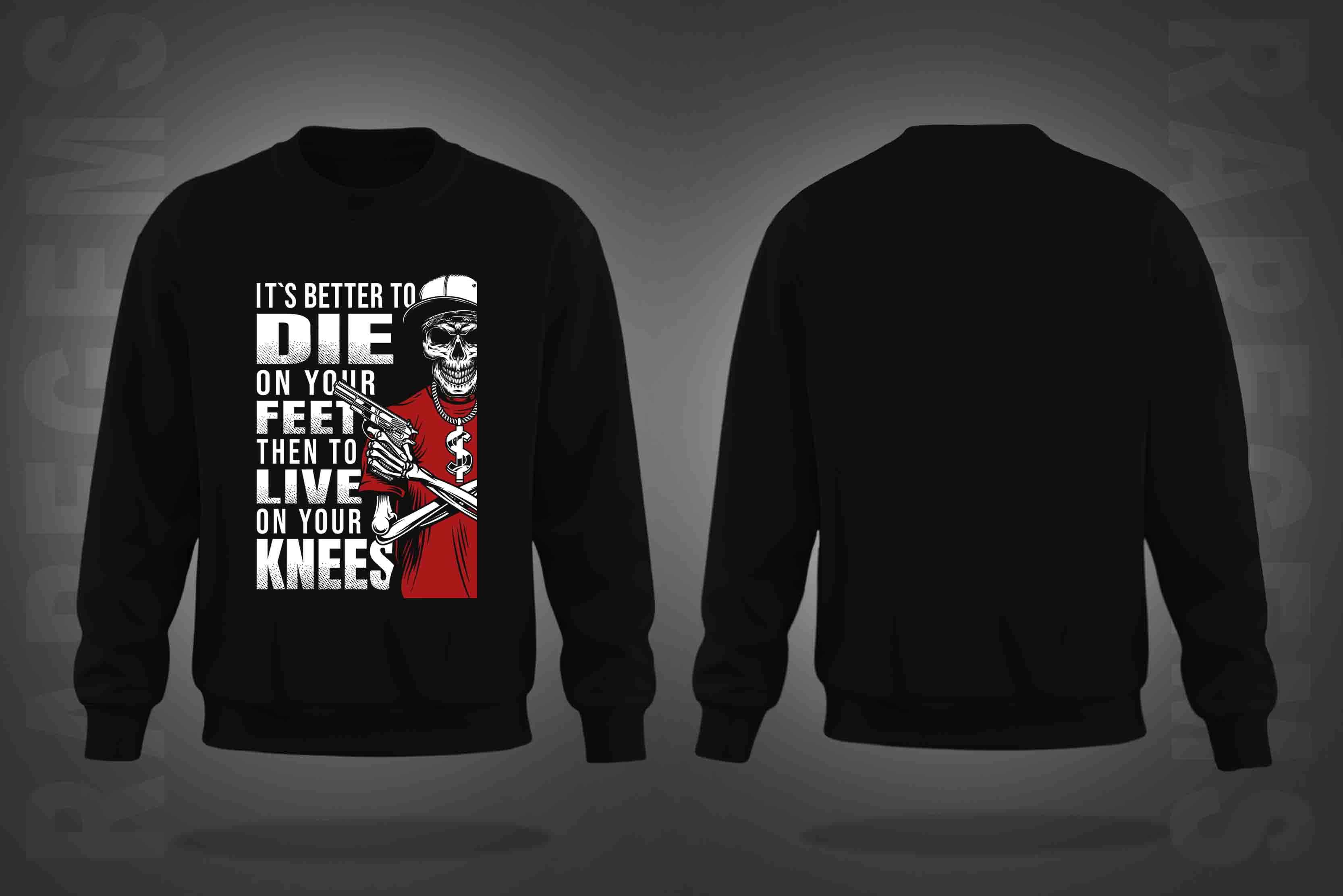 Black Round Neck Cool Skeleton With Gun Printed Sweatshirt
