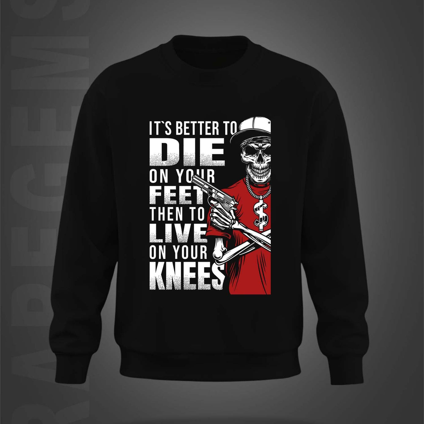 Black Round Neck Cool Skeleton With Gun Printed Sweatshirt