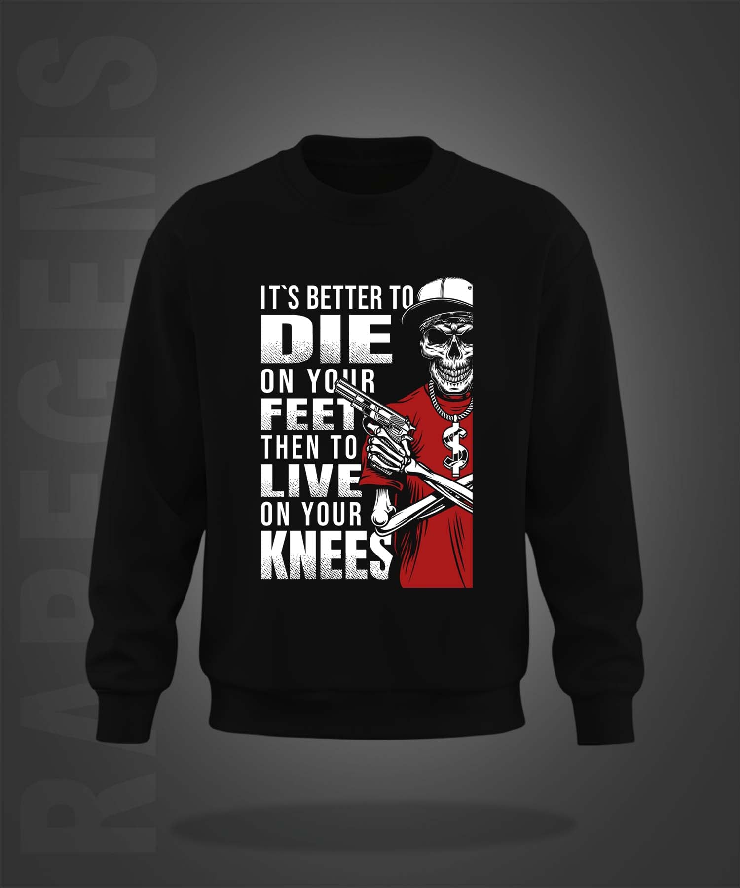 Black Round Neck Cool Skeleton With Gun Printed Sweatshirt