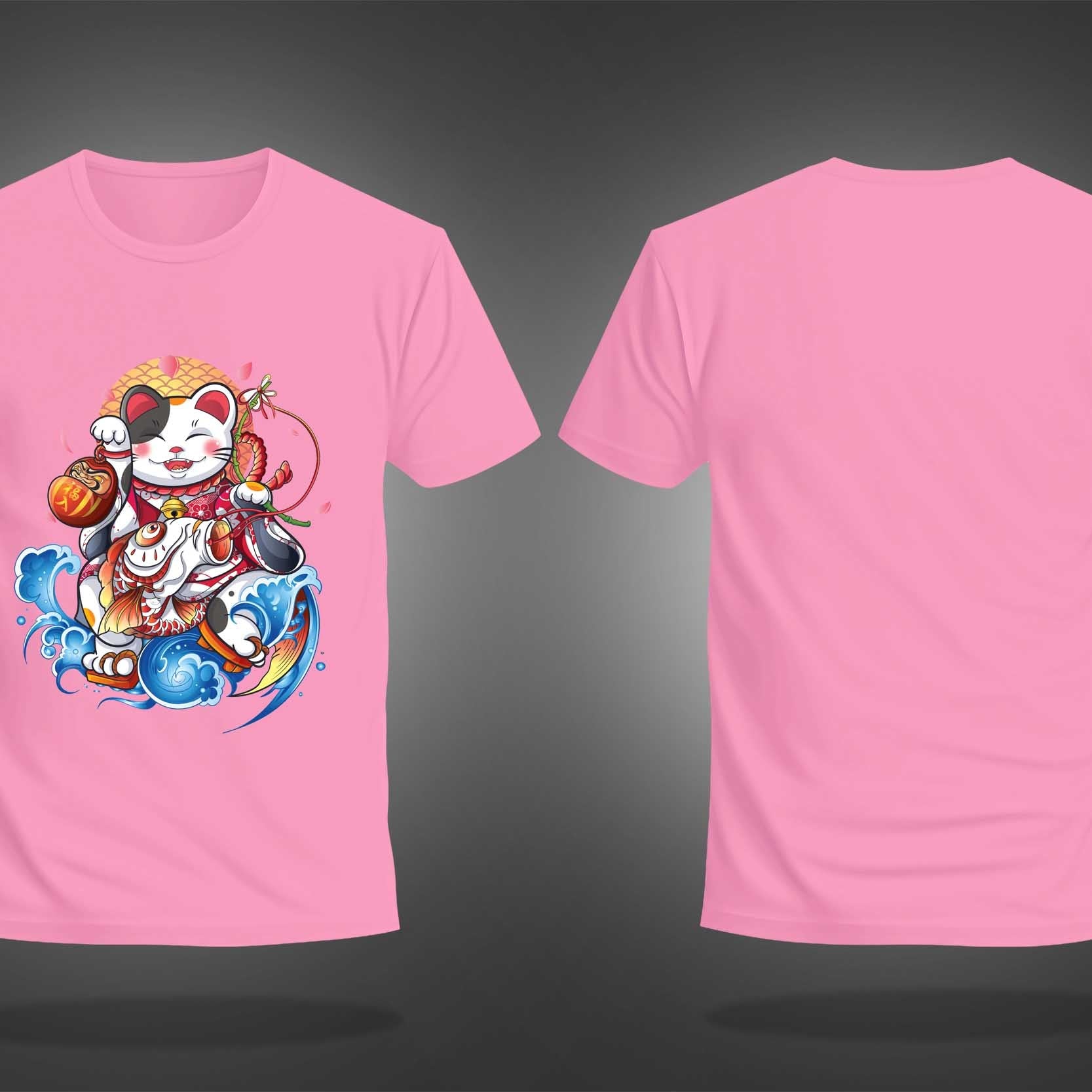 Pink Half Sleeve Round Neck Lucky Japanese Cat Art Printed Regular T-Shirt