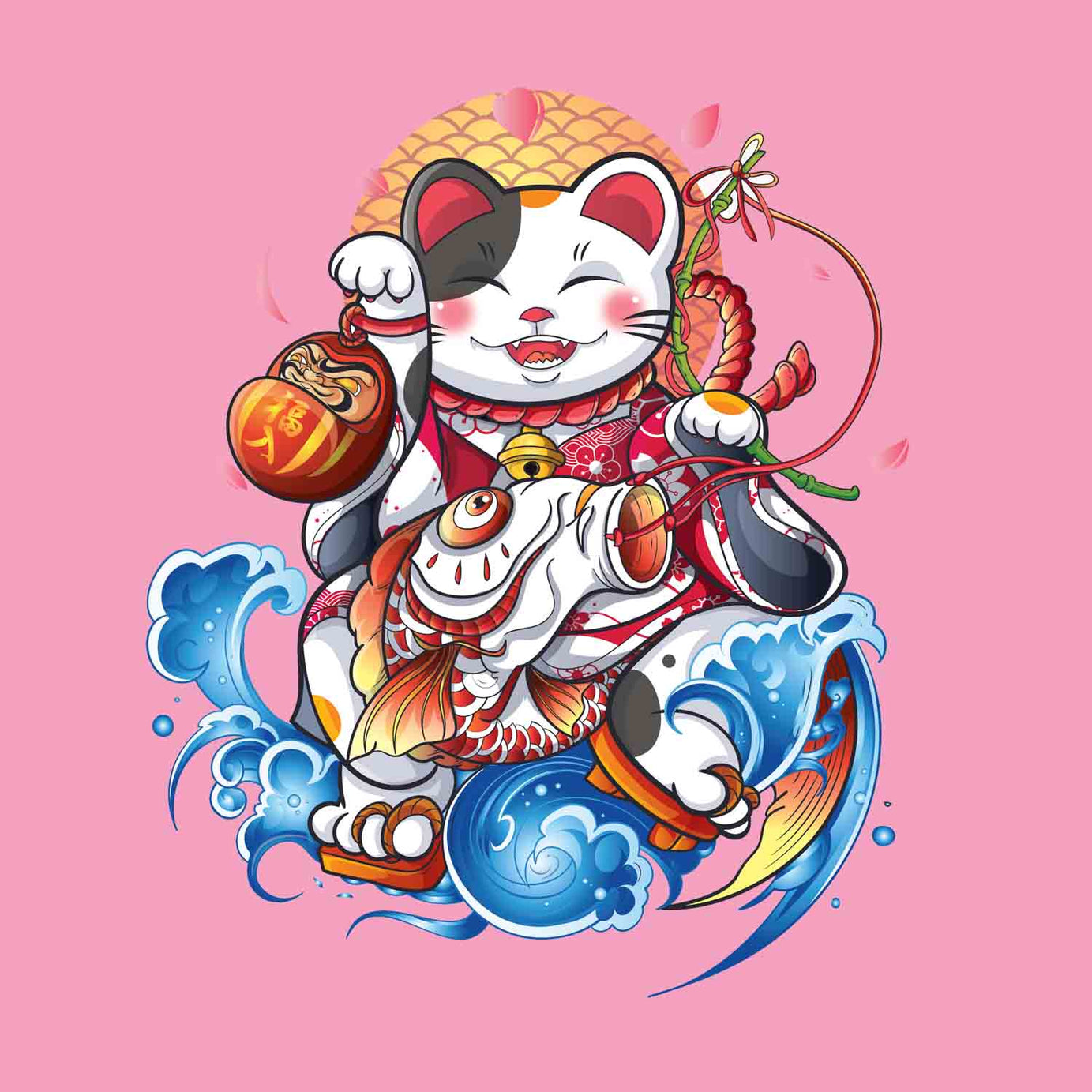 Pink Half Sleeve Round Neck Lucky Japanese Cat Art Printed Regular T-Shirt
