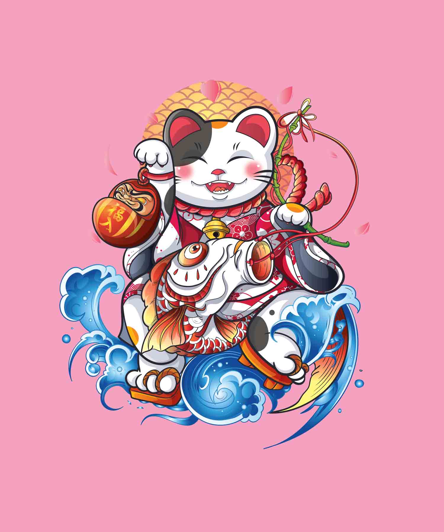 Pink Half Sleeve Round Neck Lucky Japanese Cat Art Printed Regular T-Shirt