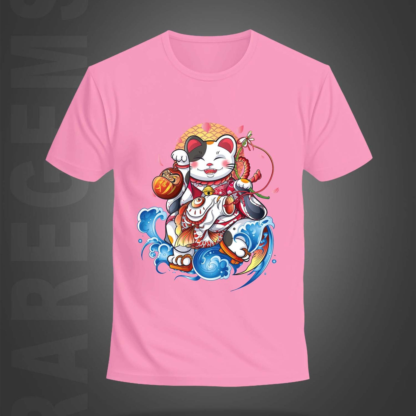 Pink Half Sleeve Round Neck Lucky Japanese Cat Art Printed Regular T-Shirt