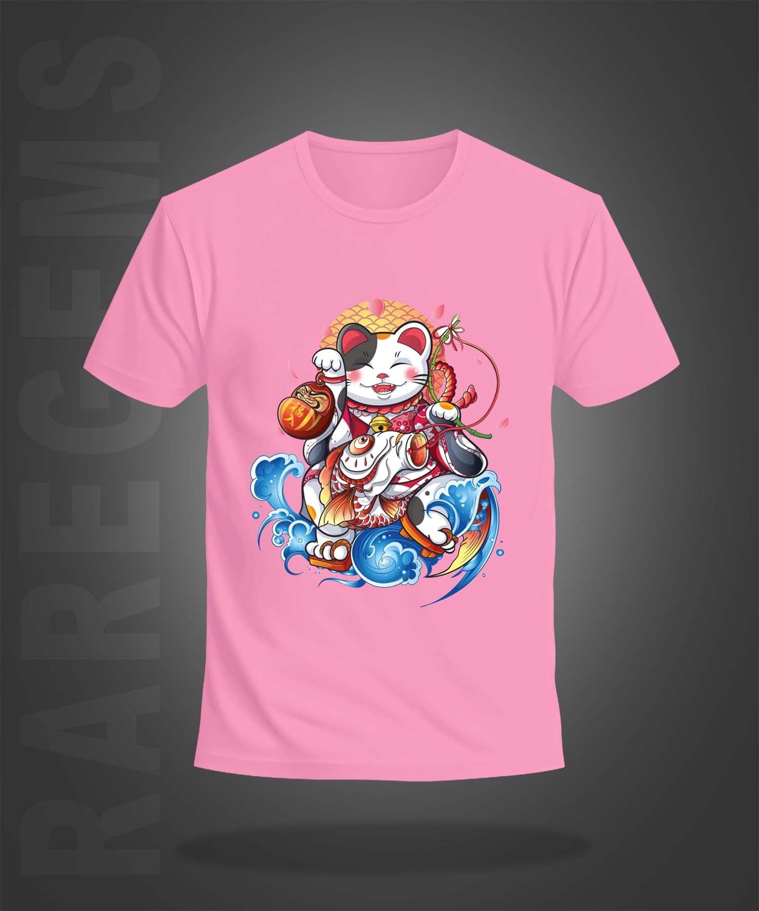 Pink Half Sleeve Round Neck Lucky Japanese Cat Art Printed Regular T-Shirt