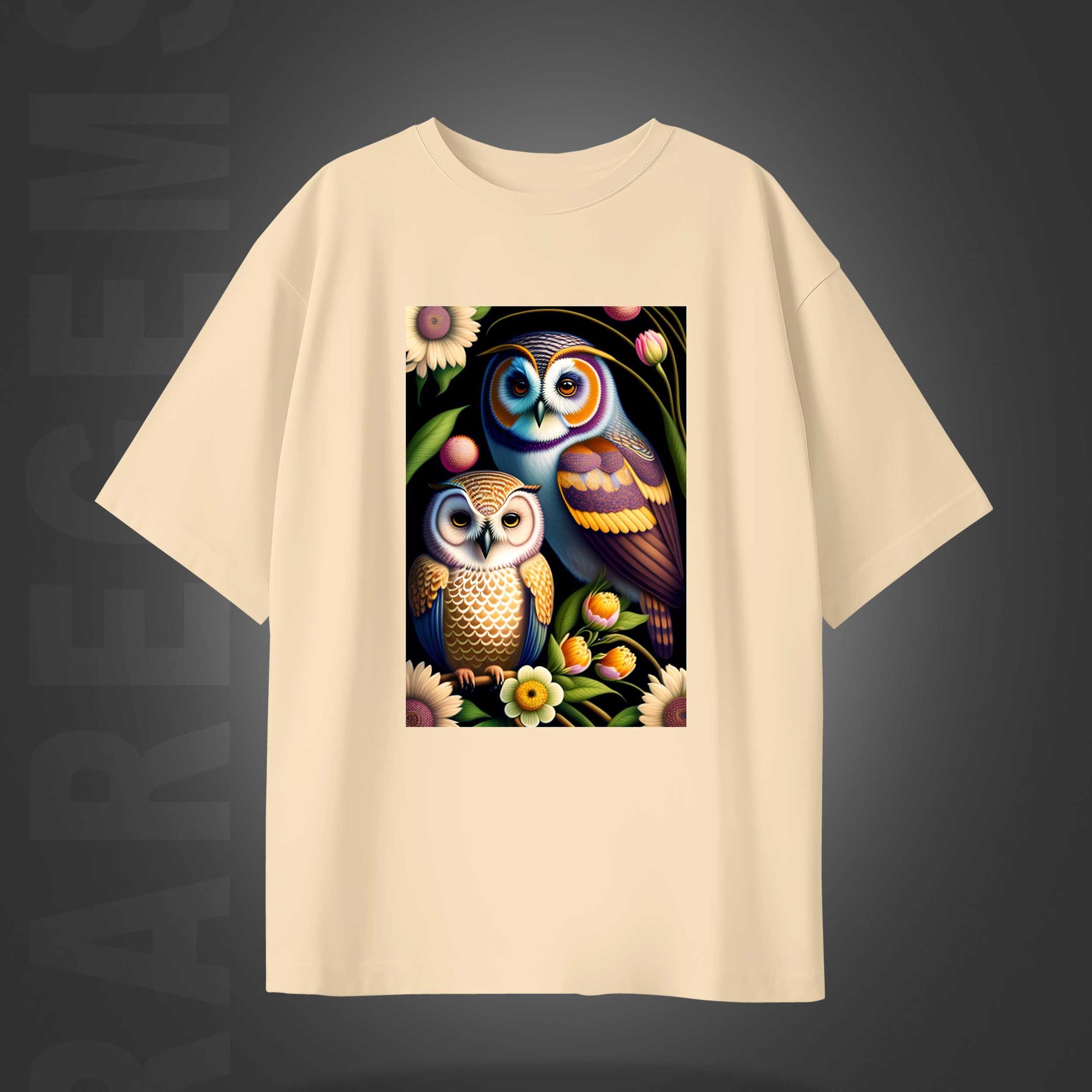 Beige Half Sleeve Round Neck Cute Owl Couple Printed Oversize T-Shirt