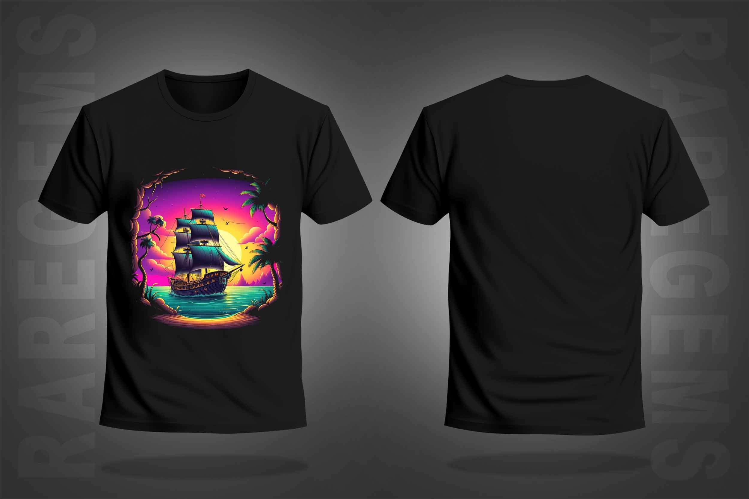 Black  Half Sleeve Round Neck Sailing Ship Printed Regular T-Shirt