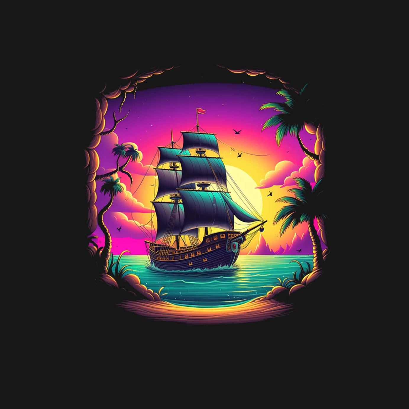 Black  Half Sleeve Round Neck Sailing Ship Printed Regular T-Shirt