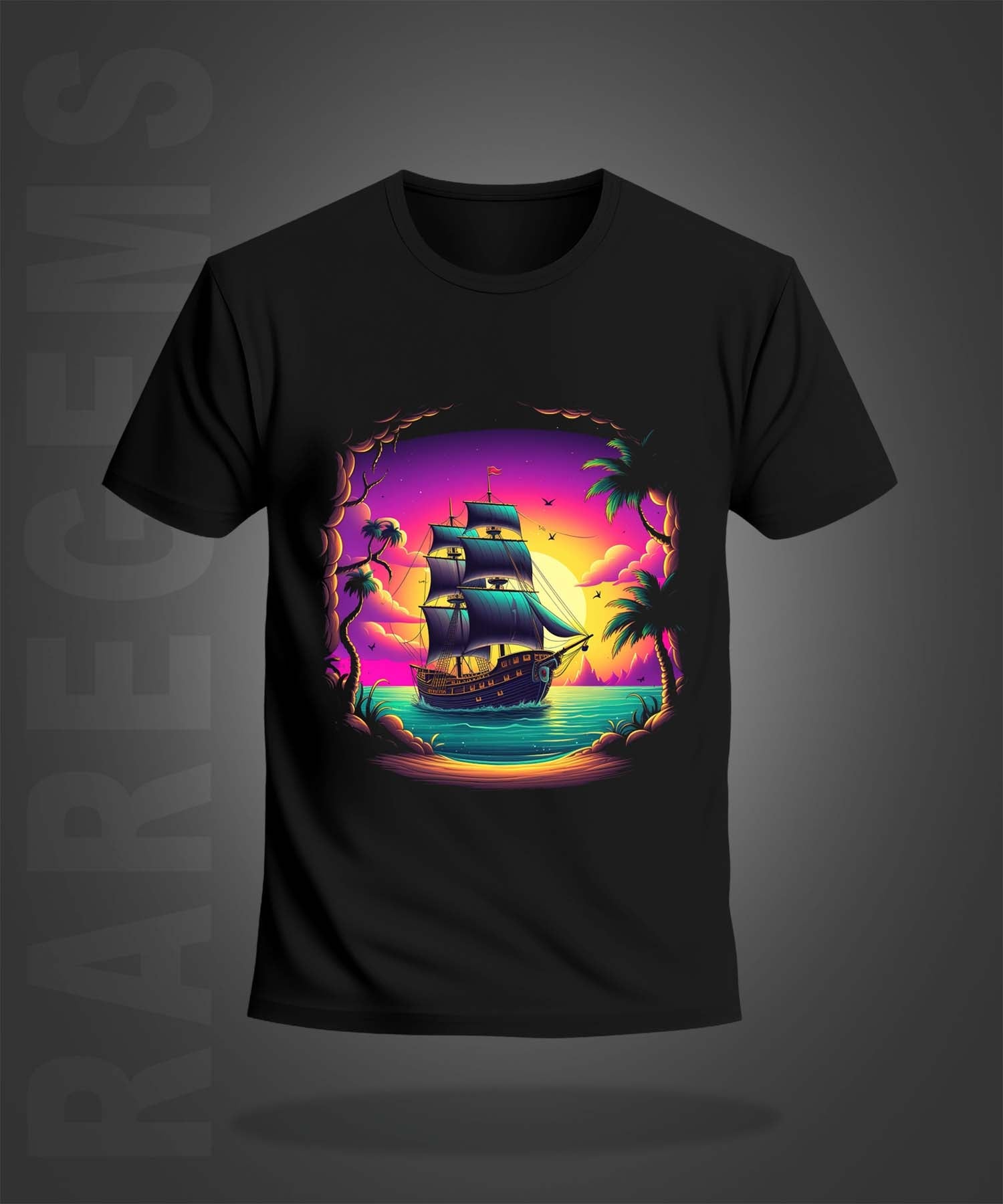 Black  Half Sleeve Round Neck Sailing Ship Printed Regular T-Shirt