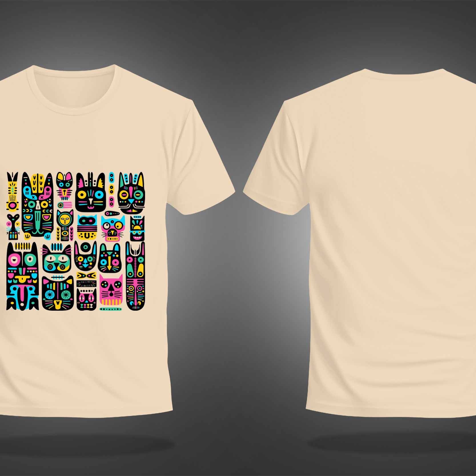 Beige Half Sleeve Round Neck Geometric Colorful Cats Printed Regular T-Shirt