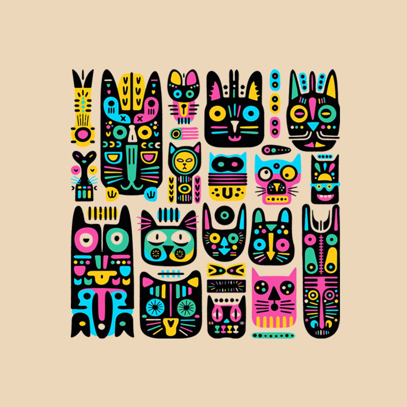 Beige Half Sleeve Round Neck Geometric Colorful Cats Printed Regular T-Shirt