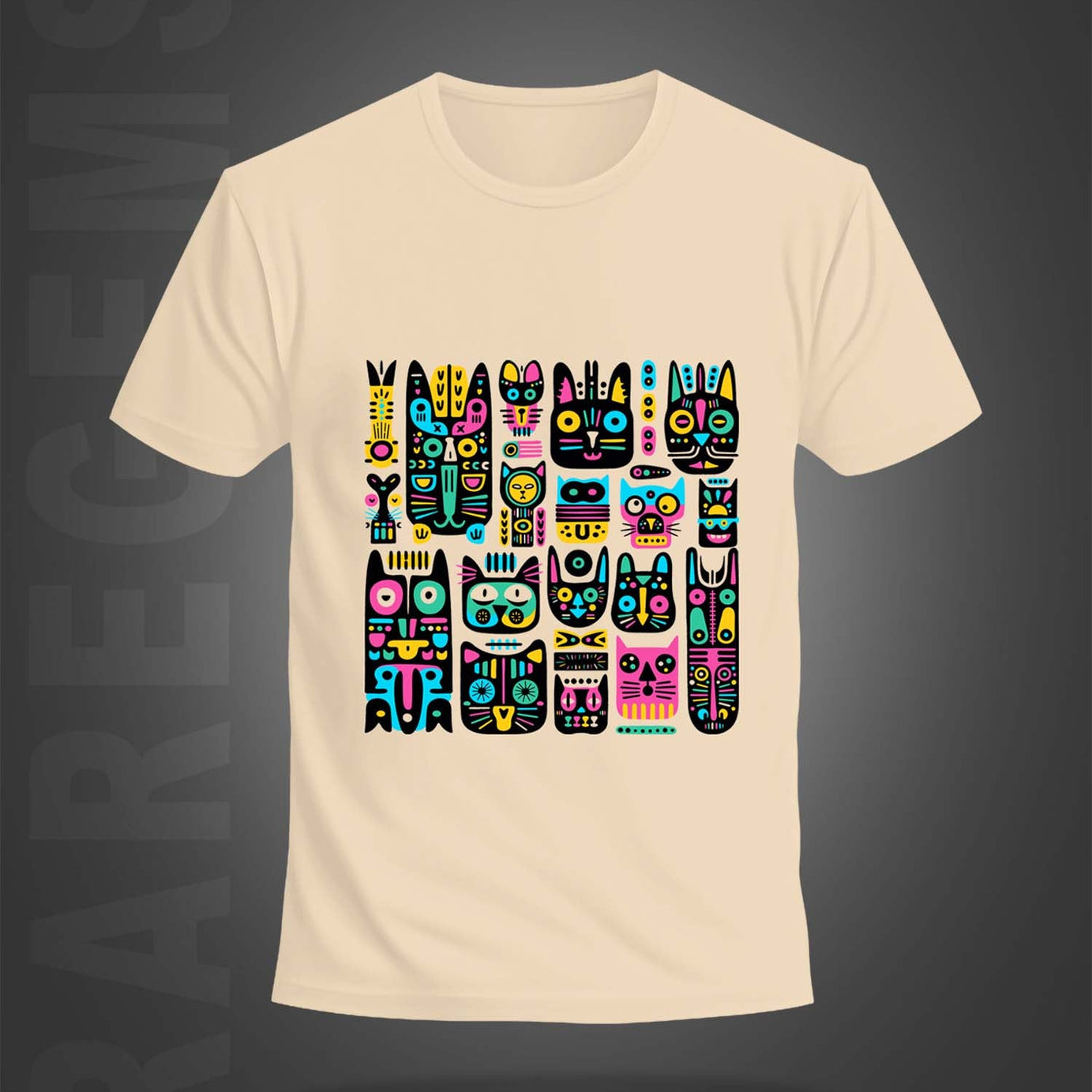 Beige Half Sleeve Round Neck Geometric Colorful Cats Printed Regular T-Shirt