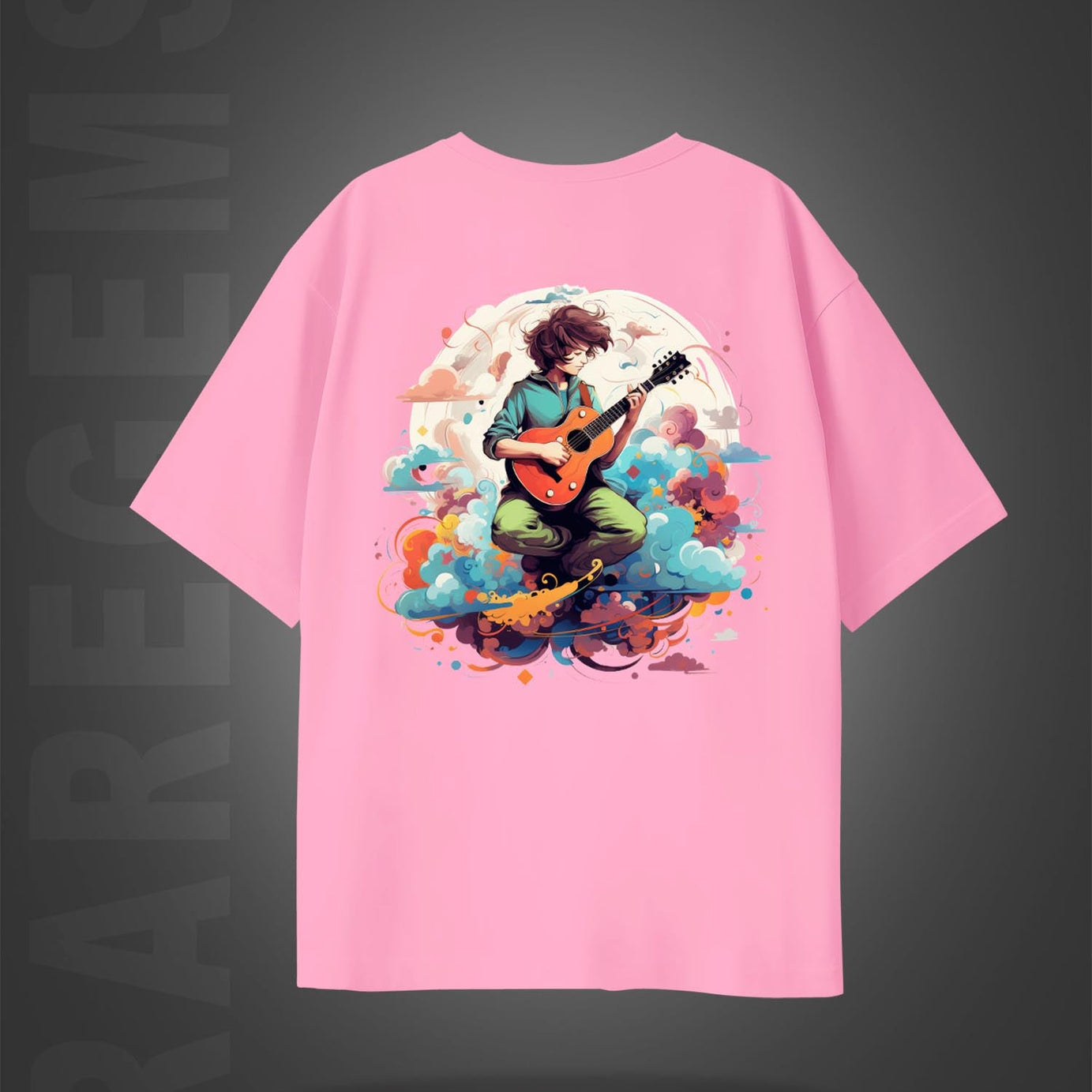 Pink Half Sleeve Round Neck Boy With Guitar Printed Oversized T-Shirt