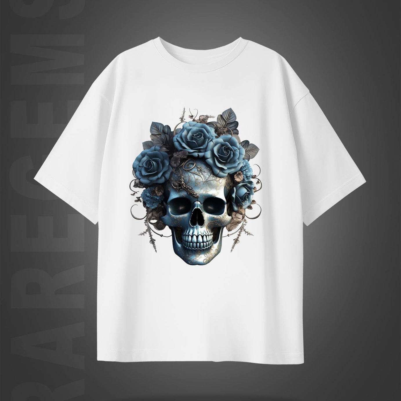 White Half Sleeve Round Neck Roses With Skull Printed Oversized T-Shirt