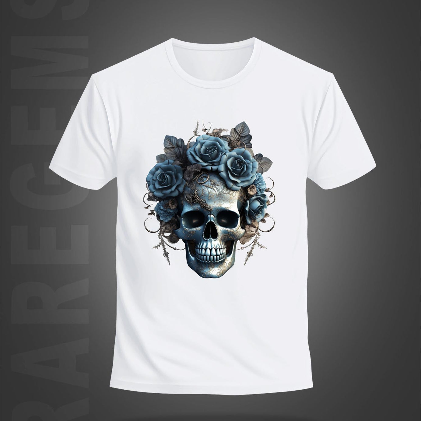 White Half Sleeve Round Neck Roses With Skull Printed Regular T-Shirt