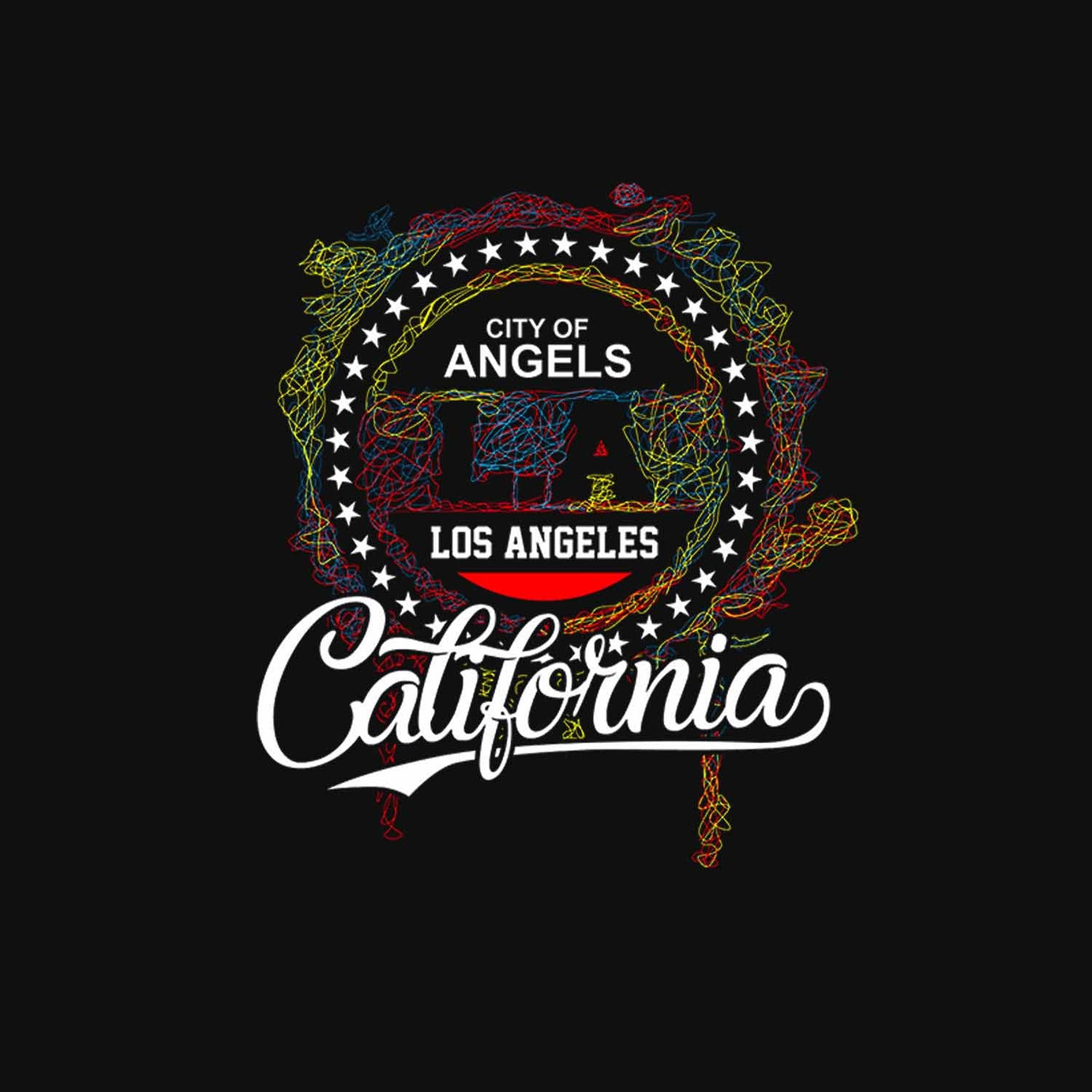 Black Half Sleeve Round Neck Scribble Art California Printed Regular T-Shirt