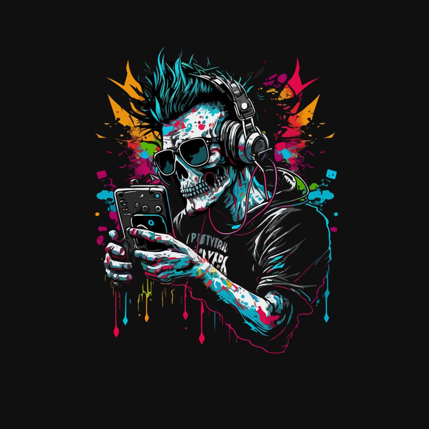 Black Half Sleeve Round Neck Cool Urban Skeleton Printed Regular T-Shirt