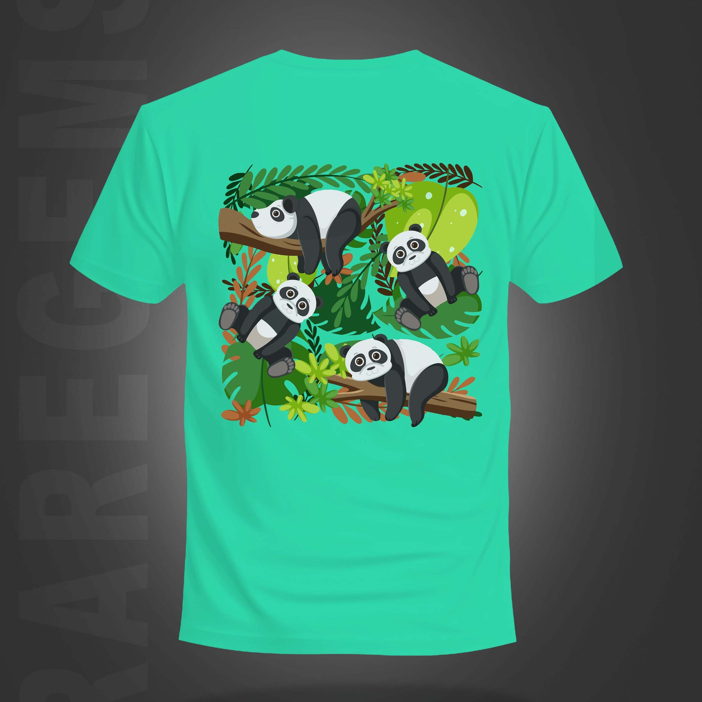 Mint Green Half Sleeve Round Neck Four Pandas Printed Regular T-Shirt
