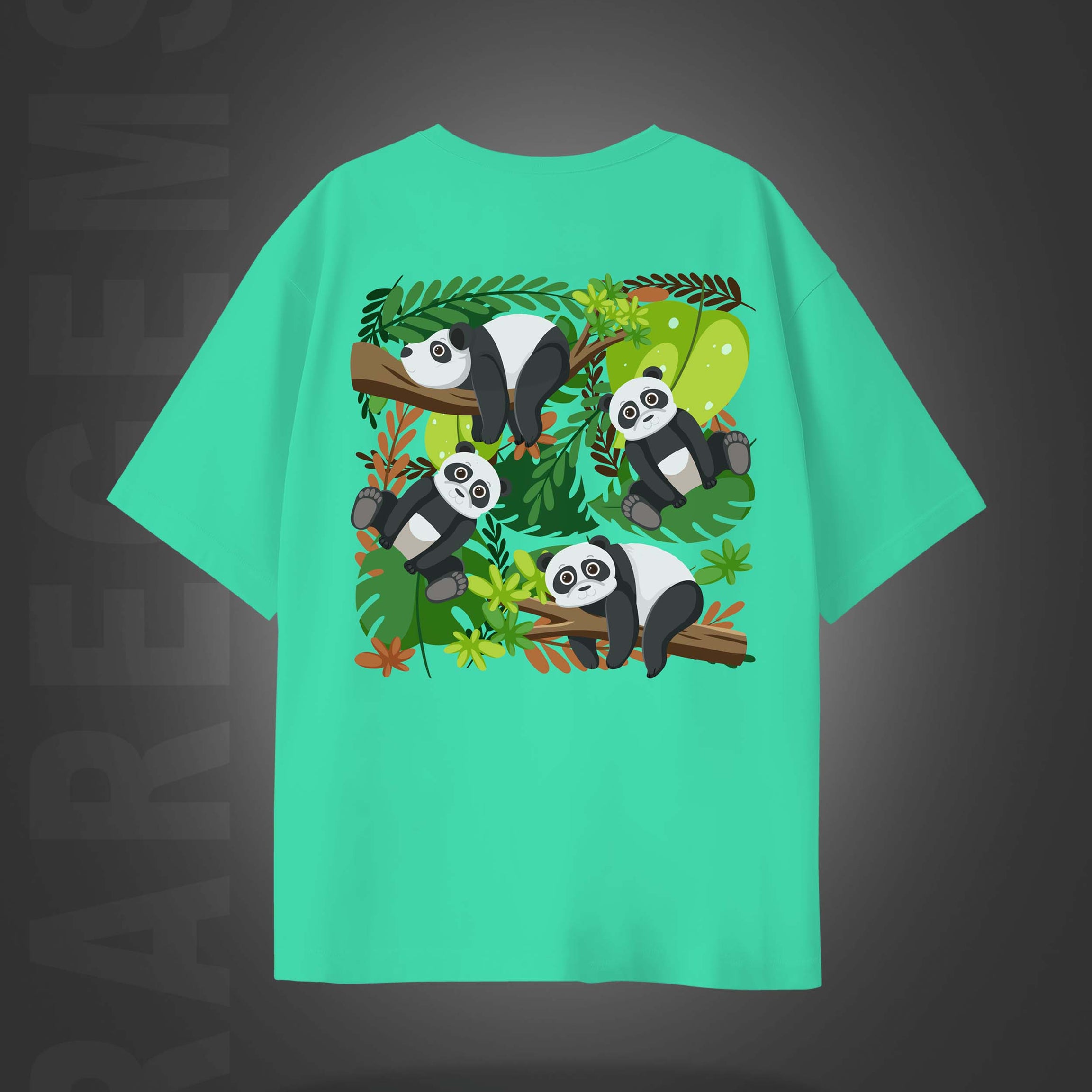 Mint Green Half Sleeve Round Neck Four Pandas Printed Oversized T-Shirt