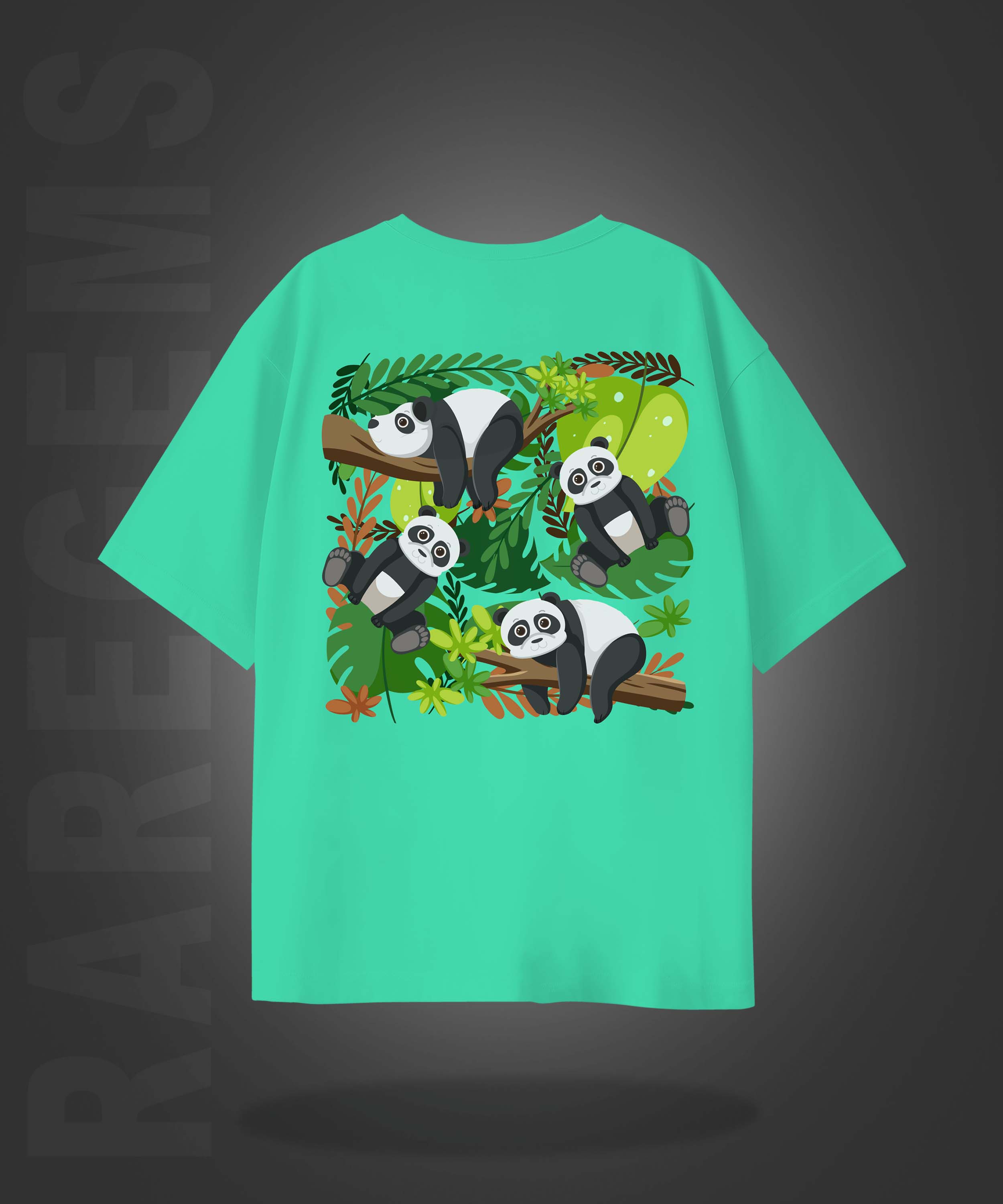 Mint Green Half Sleeve Round Neck Four Pandas Printed Oversized T-Shirt