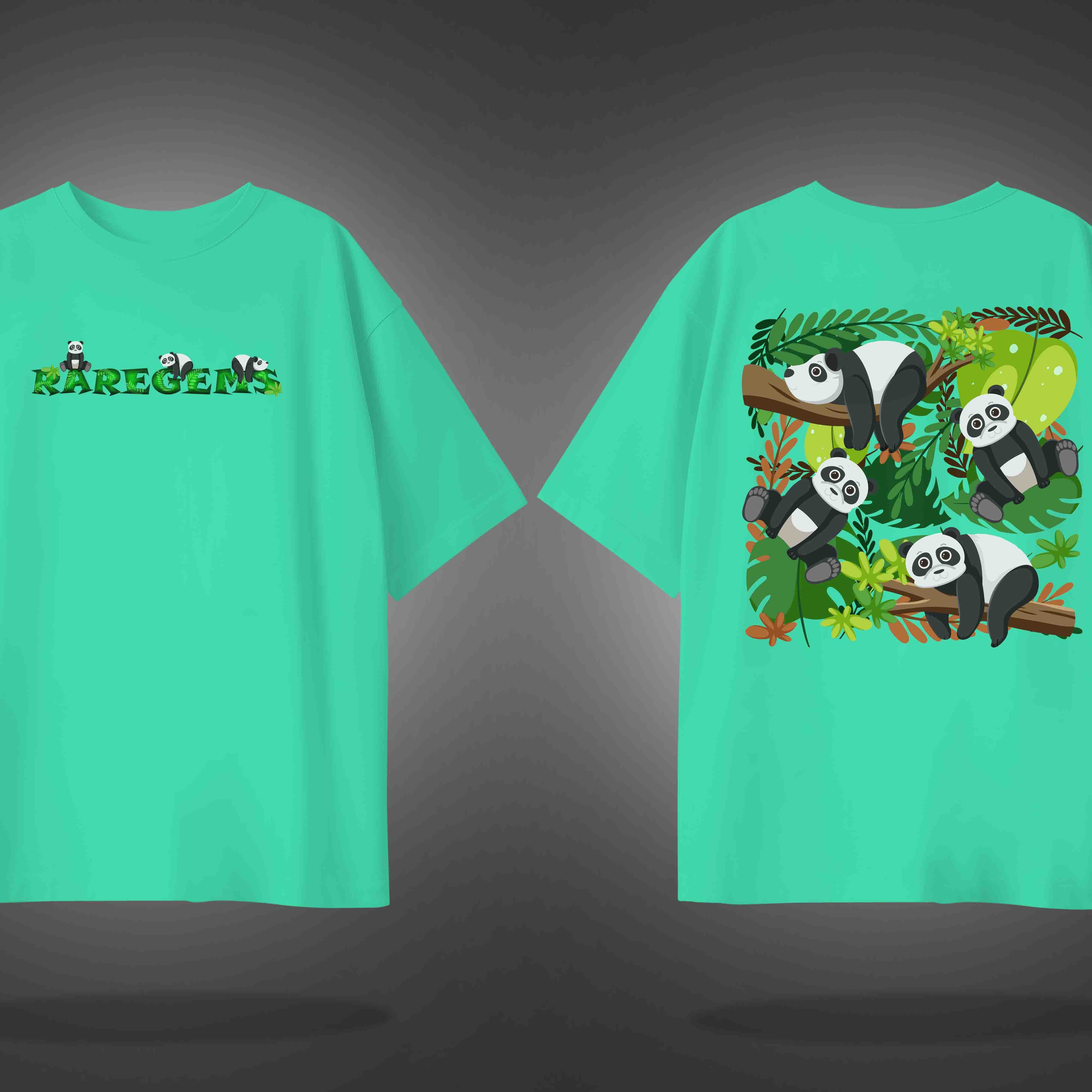 Mint Green Half Sleeve Round Neck Four Pandas Printed Oversized T-Shirt