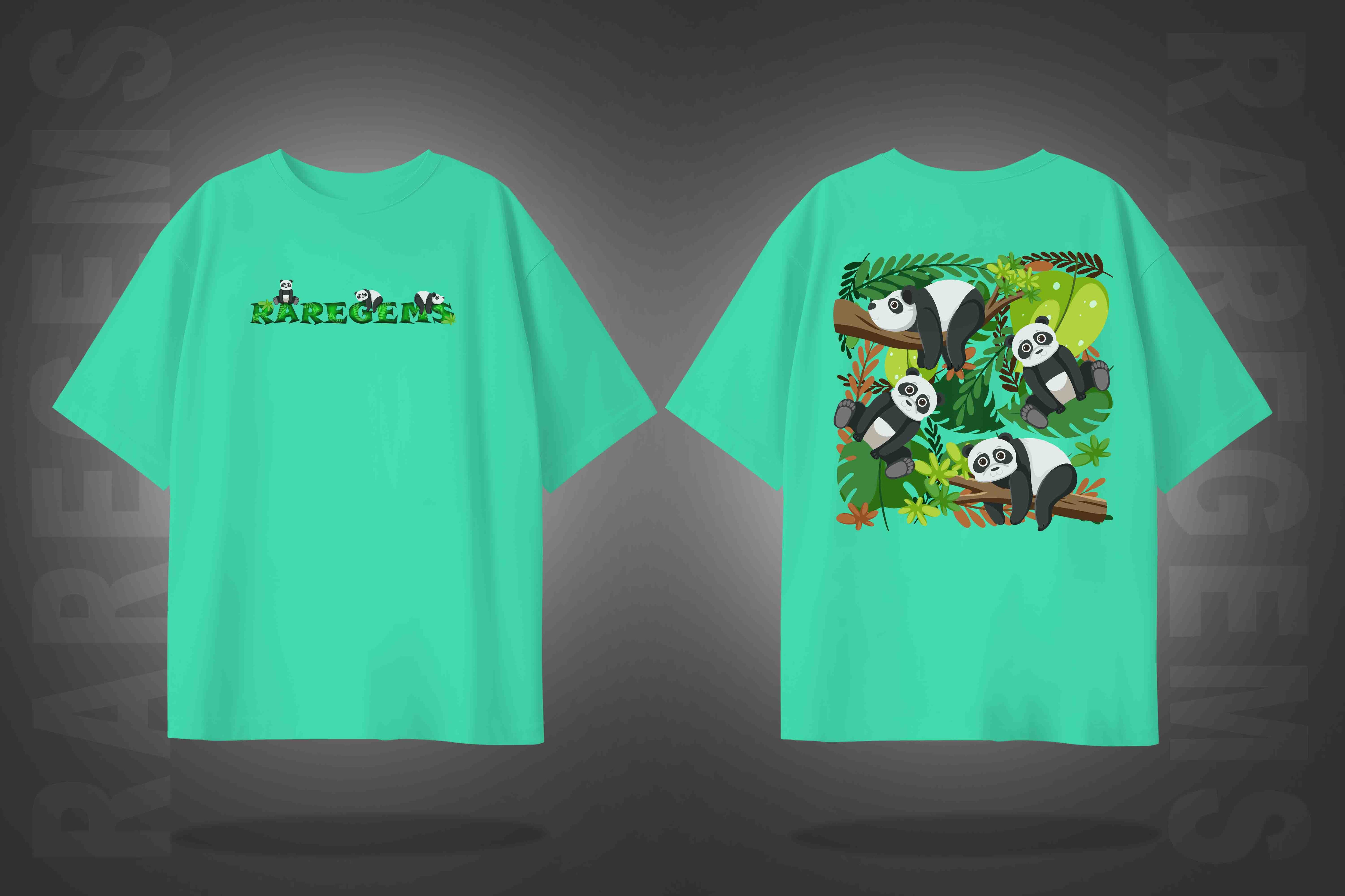 Mint Green Half Sleeve Round Neck Four Pandas Printed Oversized T-Shirt