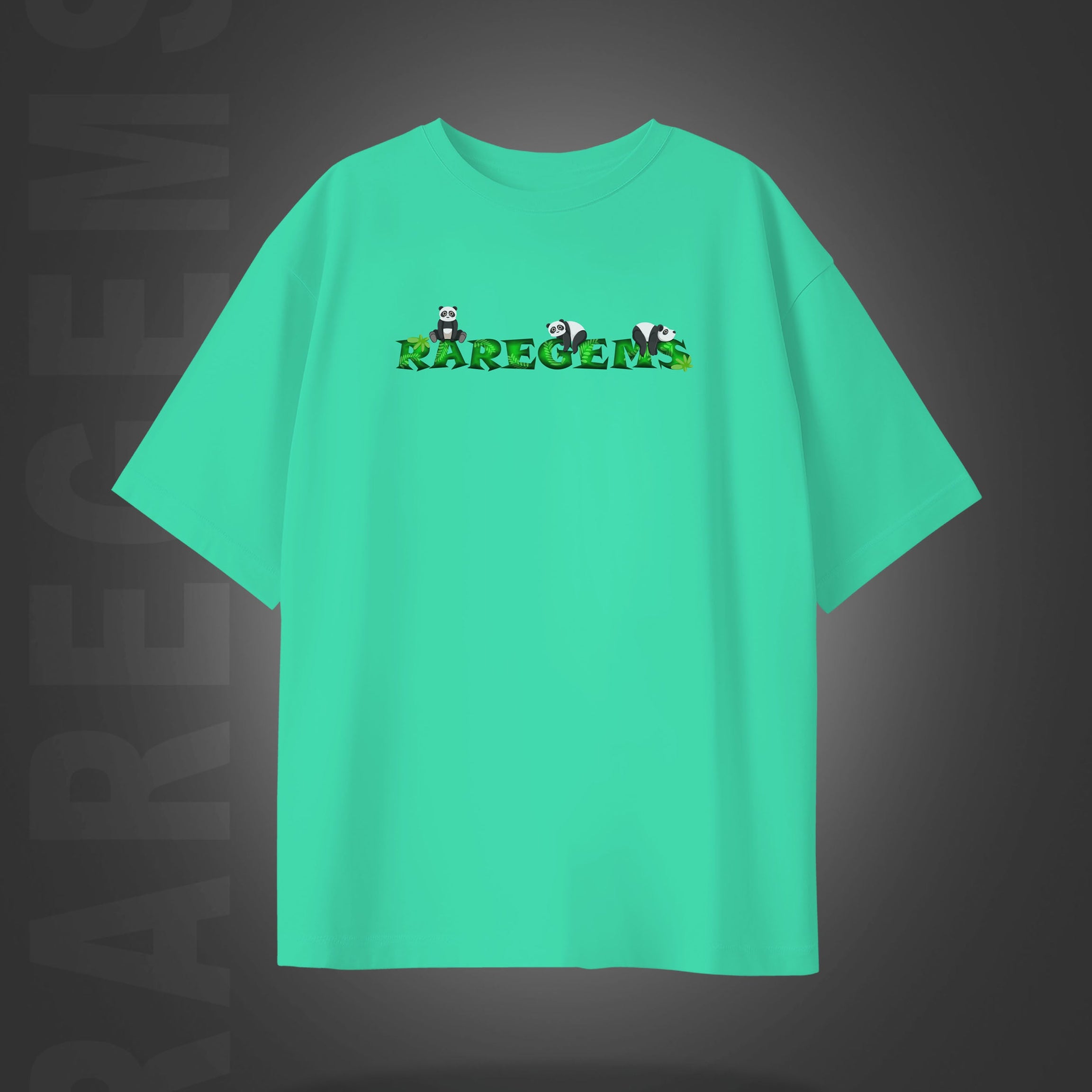 Mint Green Half Sleeve Round Neck Four Pandas Printed Oversized T-Shirt