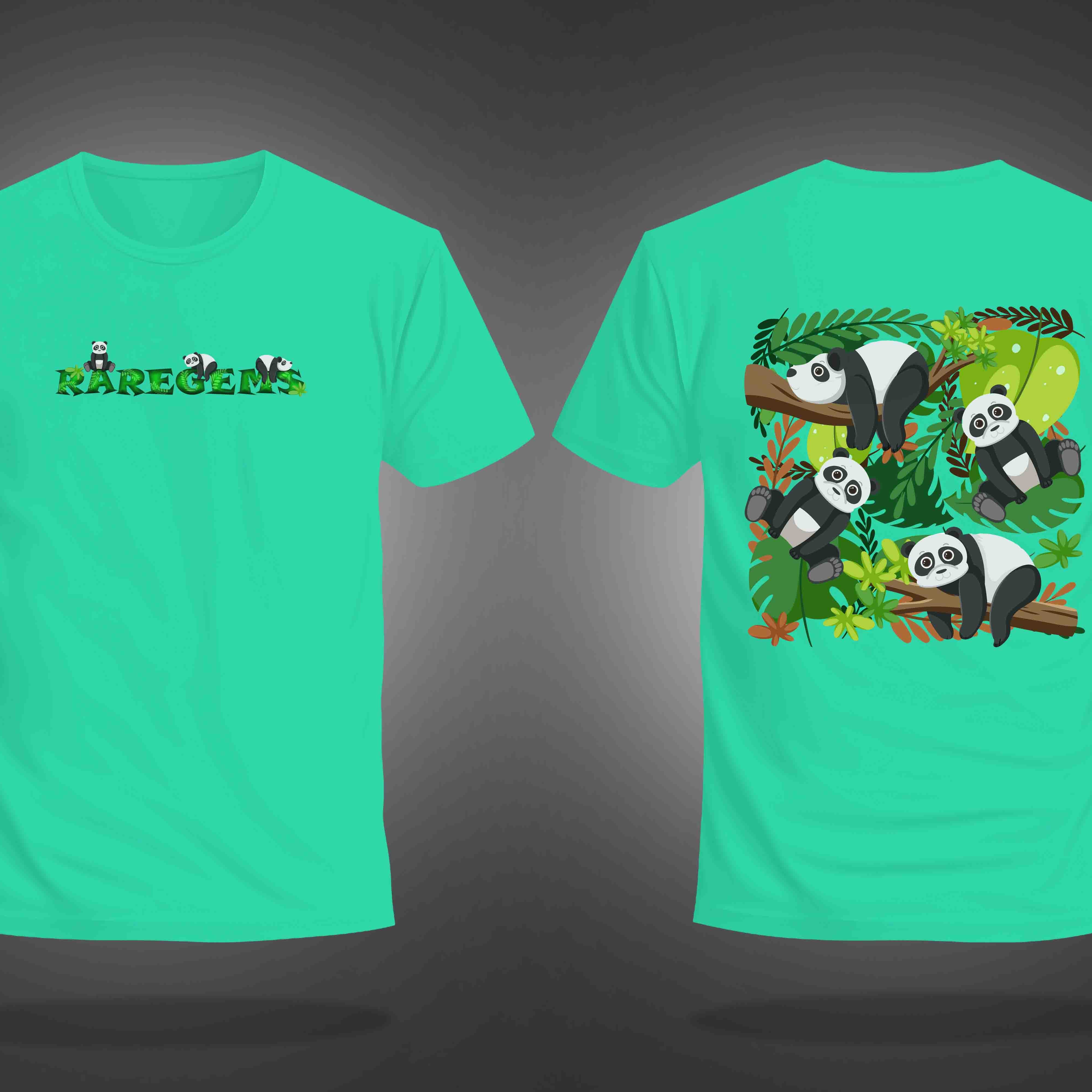 Mint Green Half Sleeve Round Neck Four Pandas Printed Regular T-Shirt